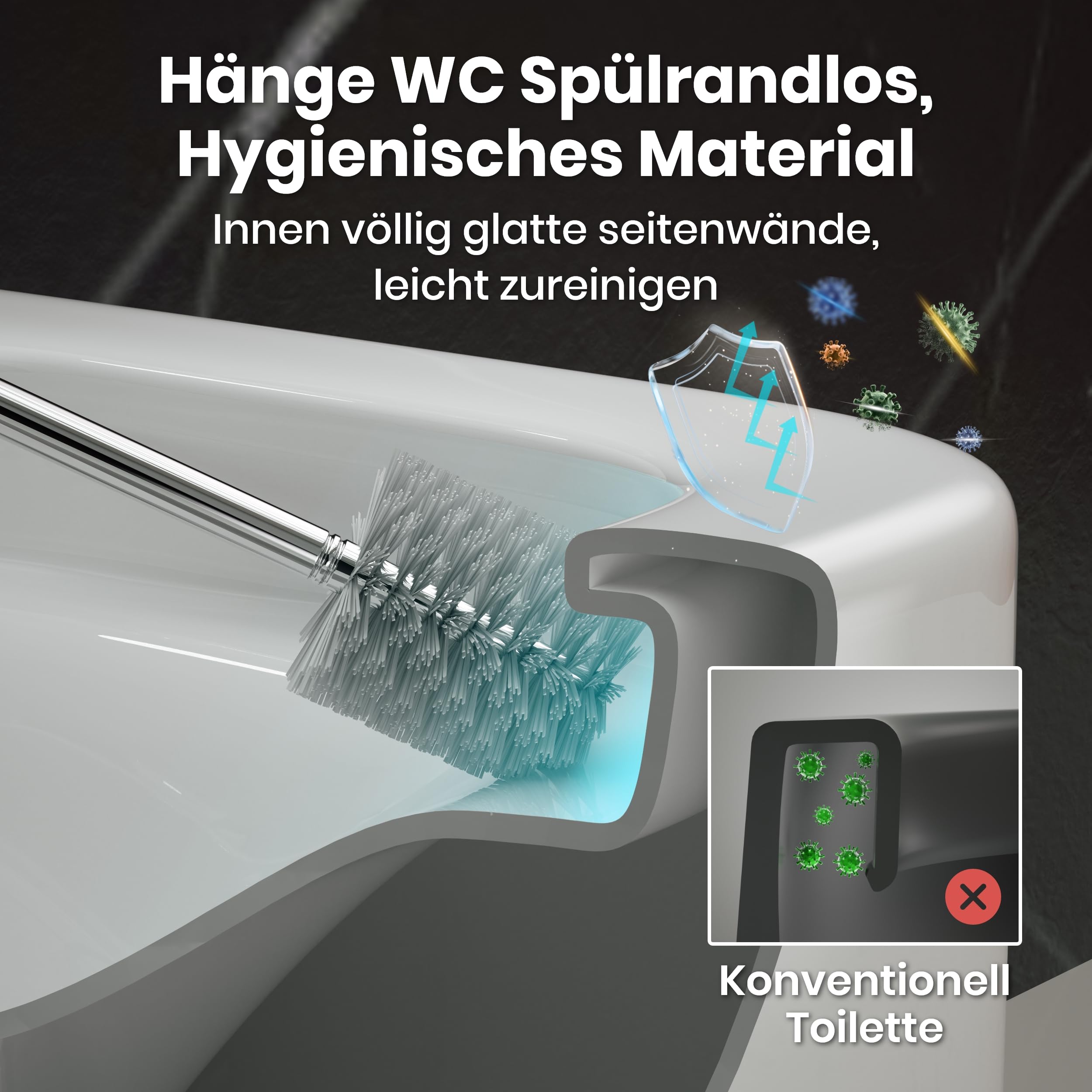 Casta Diva Wand WC, Hänge WC Spülrandlos Kraftvolle Tornado Spülung, Geräuscharm Toilette, UF Kloschüssel inklusive WC-Sitz mit Absenkautomatik und Schnellspanner, 51cm (Weiß)