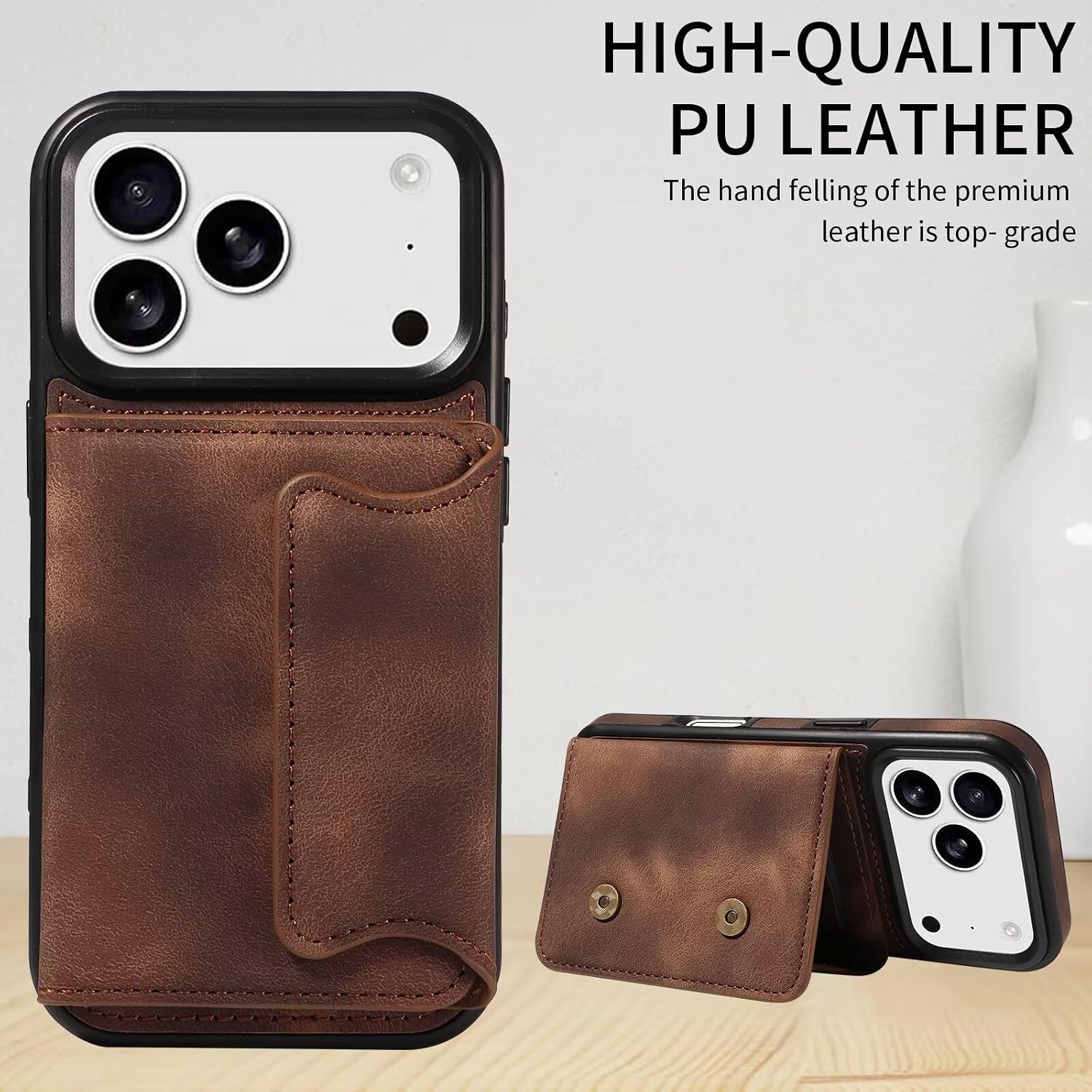 Caseurban Compatible with iPhone 17 Pro Wallet Case with Card Holder, Premium PU Leather Kickstand Ring Holder Case Anti-Slip Shockproof Phone Case for Women and Man Brown