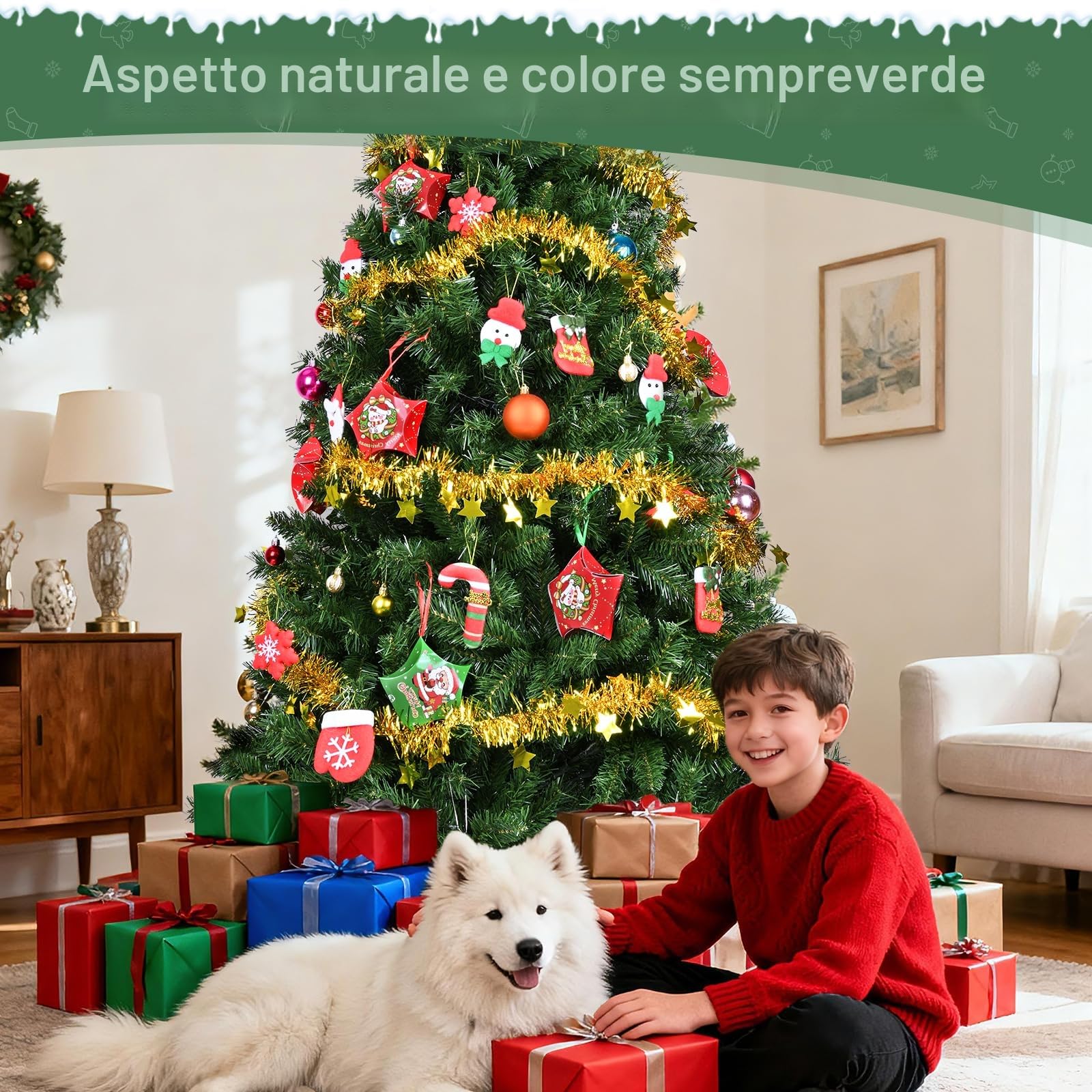 YEAUPE PRO Albero di Natale Artificiale 180 cm - 800 Punte | Montaggio Semplice a 3 Sezioni | Adatto per Interni ed Esterni, Soggiorno e Giardino | Albero in PVC, Verde