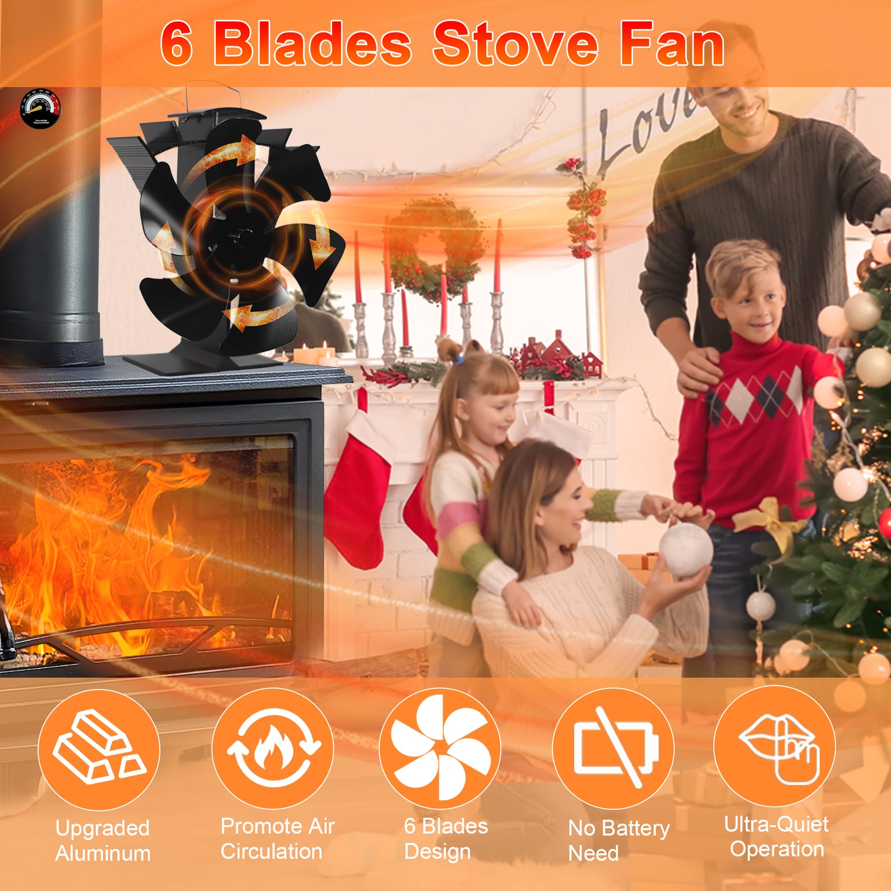 Ventilador de estufa de 6 hojas sin electricidad – Ventilador de chimenea con termómetro, funcionamiento silencioso, compatible con estufas de leña, chimenea y pellets