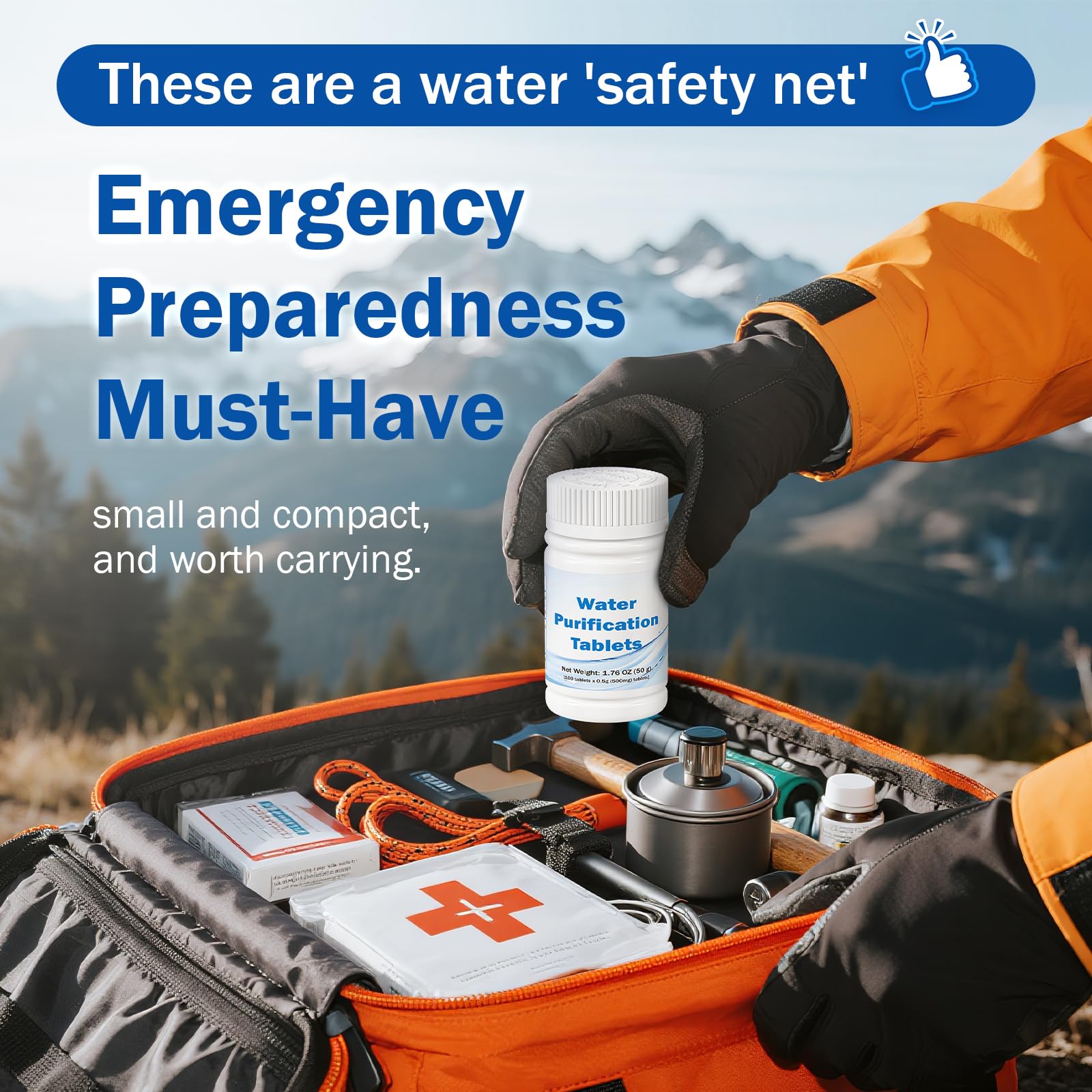 Compresse per purificazione dell'acqua da 500 mg (100 pezzi) – Trattamento dell'acqua di emergenza per campeggio, sopravvivenza e viaggi – Formula NaDCC senza iodio, nessun retrogusto chimico