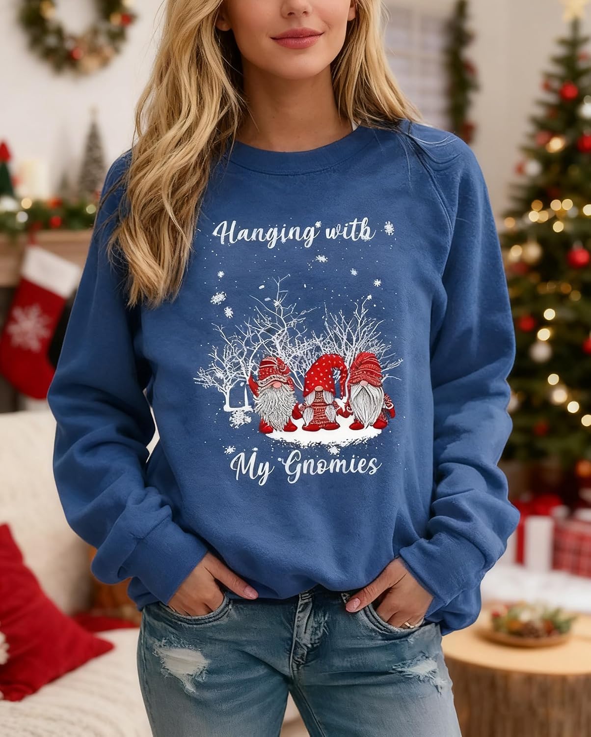 LLHXRUI Hanging With My Gnomies Sweatshirts Women Christmas Long Sleeve Pullover Shirts Funny Garden Gnome Graphic Tees Tops