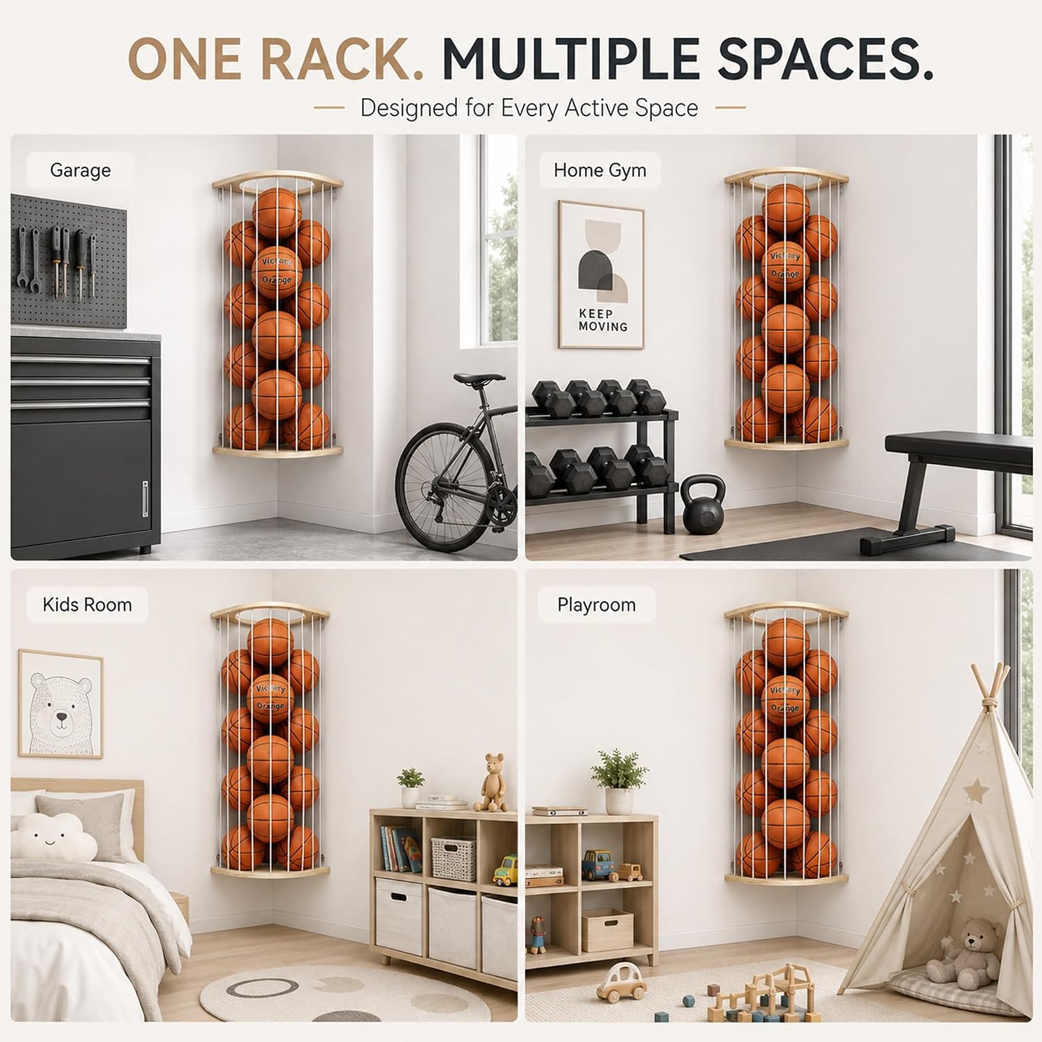Garage Ball Storage Rack with Wood Frame, Wall Mount Corner Organizer