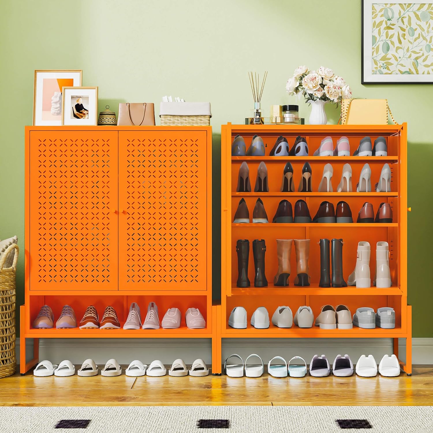 Heavy-Duty Metal Shoe Cabinet with Doors and Adjustable Shelves, Modern Shoe Storage Cabinet for Entryway