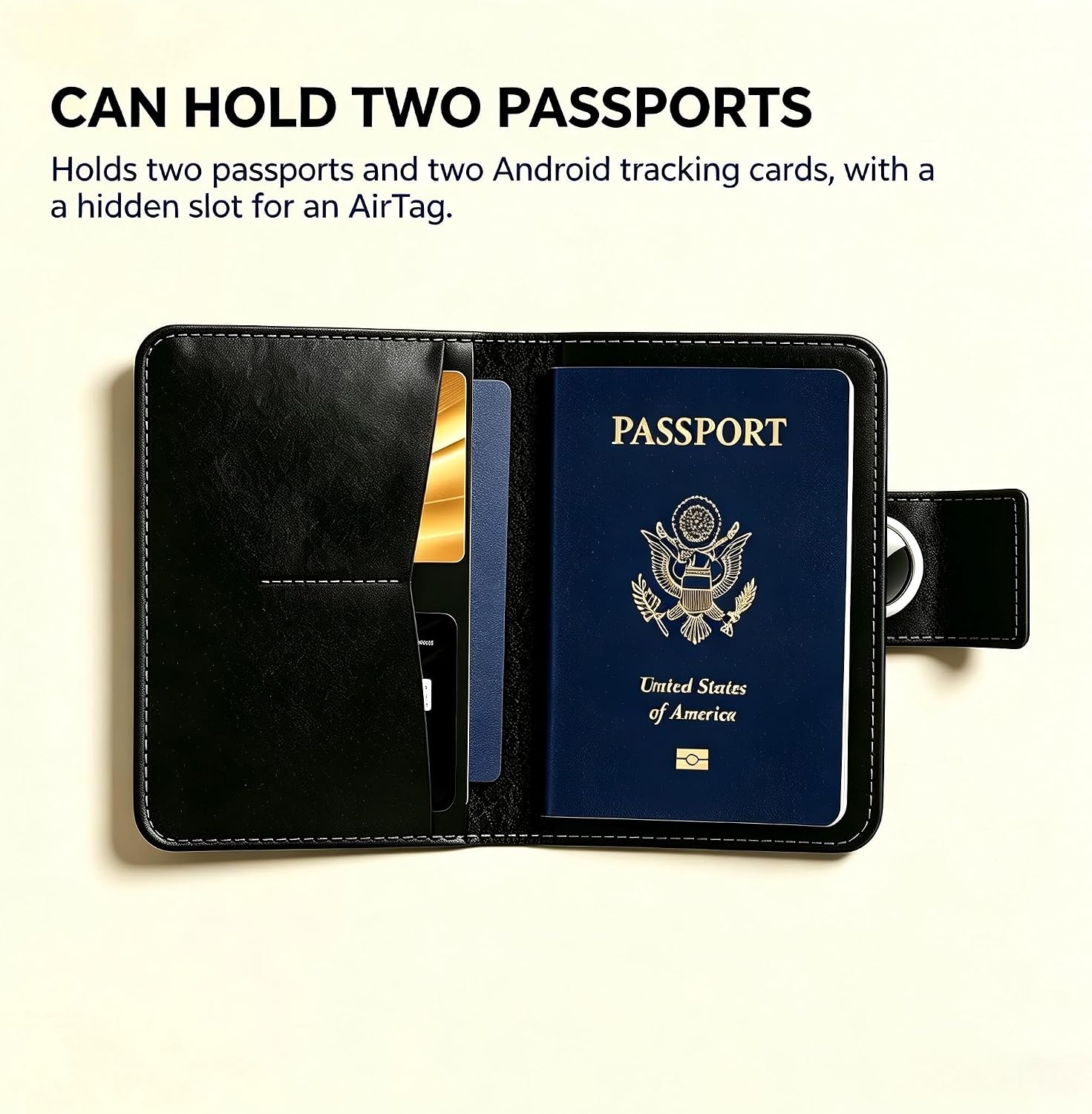 Travel Passport Holder, Genuine Leather Passport Wallet, with Tracker Slot, RFID-Blocking, for Travel, Compact and Portable, Splash-Resistant, Unisex, Airport Essential, Must-Have Travel Gift (Black)