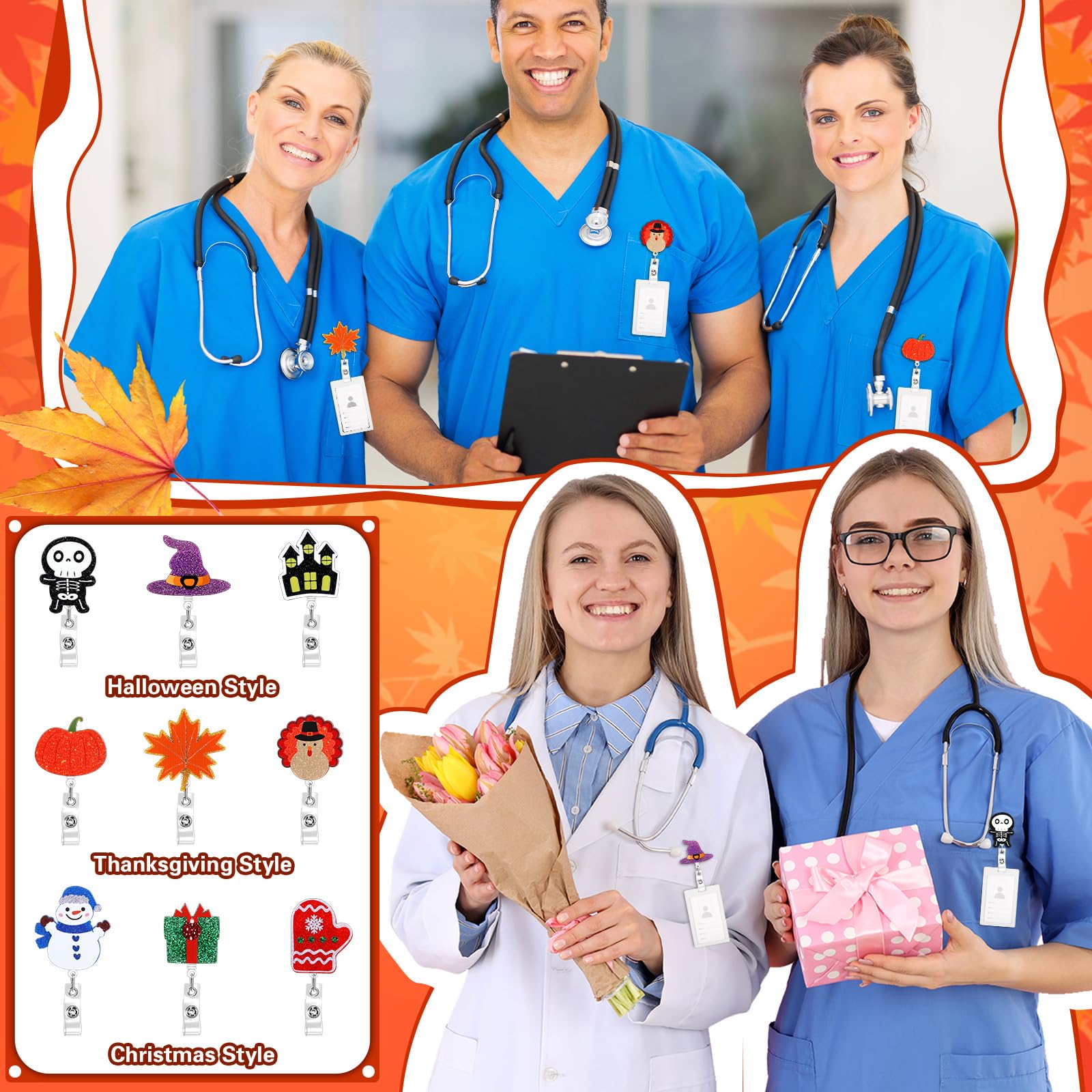 15 Pack Holiday Acrylic Badge Reels - Halloween Thanksgiving Christmas Nurse ID Holders With Retractable Clip - View #11