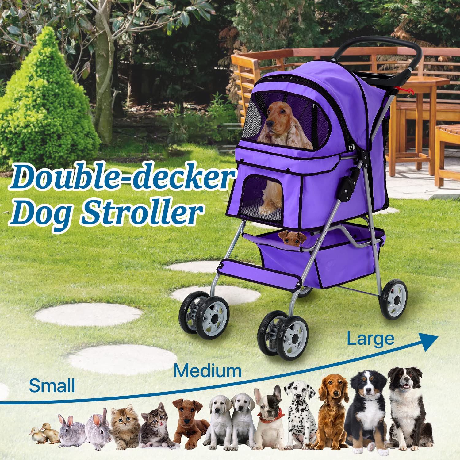 HHS Dog Strollers for Small Puppy Pet Stroller Dogs Cat 2, 4 Wheel Folding Travel Jogger Strolling Cart with Storage Basket, Cup Holder, Removable Liner, Purple, 17.5 (L) x 33 (W) x 38.6 (H) inches