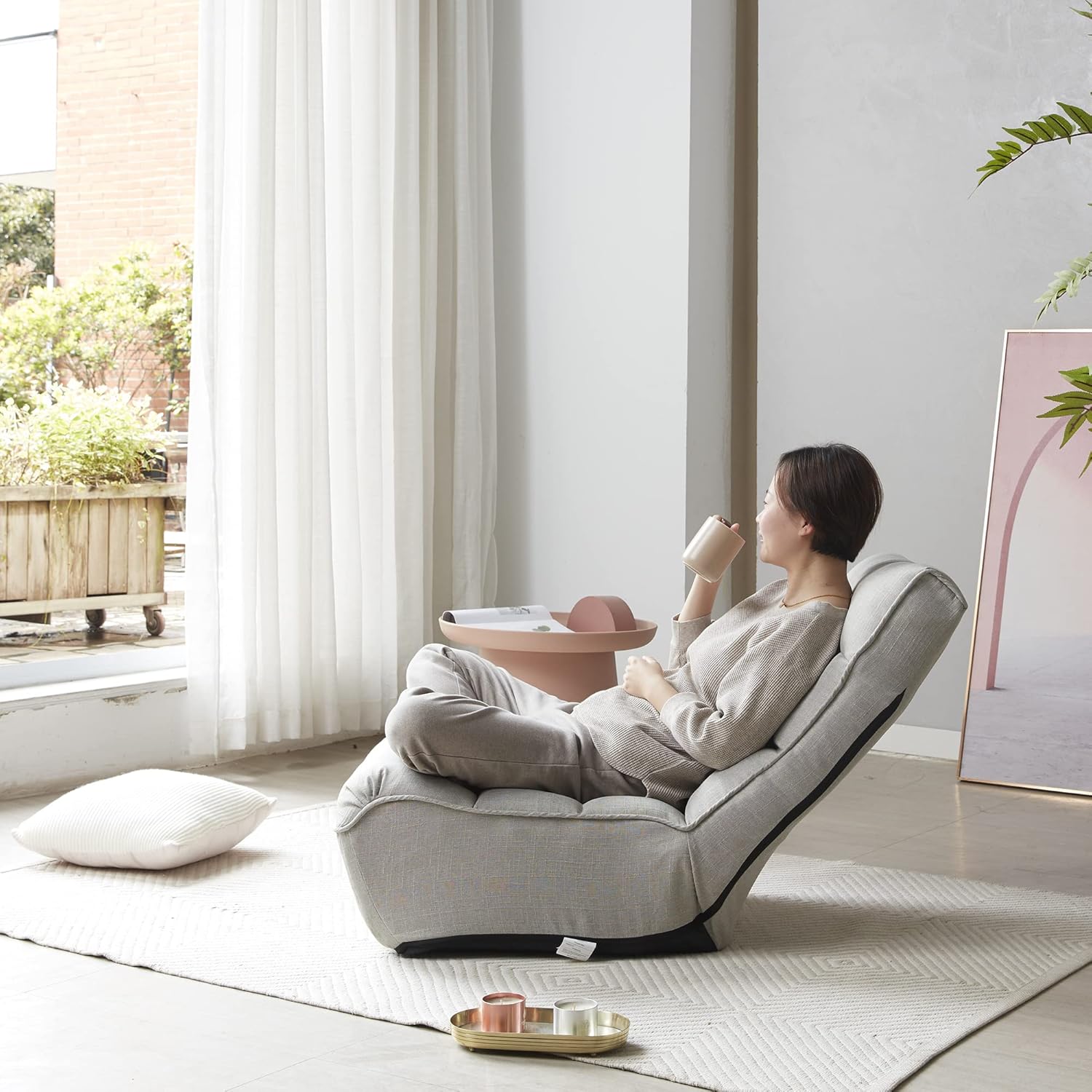 Floor Chair Single Lazy Sofa Leisure Balcony Reclining Japanese Tatami Adjustable Recliner with Ottoman for Living Room, Bedroom, Indoor Use (No Footstool, Gray)