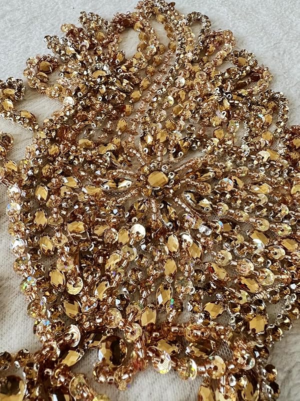 Zbroh Handmade Bodice Rhinestones Applique Sewing Glass Beads Stones Crystal Trim Lace Patches for Dress Clothing Accessories 13X18inches (Champagne) by Zbroh - Image 2