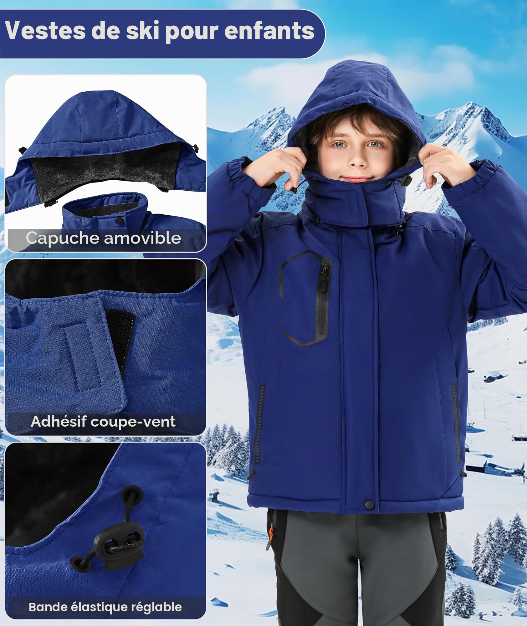 Zoofly Veste de Ski Enfant Imperméable avec Capuche Hiver Manteau Doublé Polaire Chaud