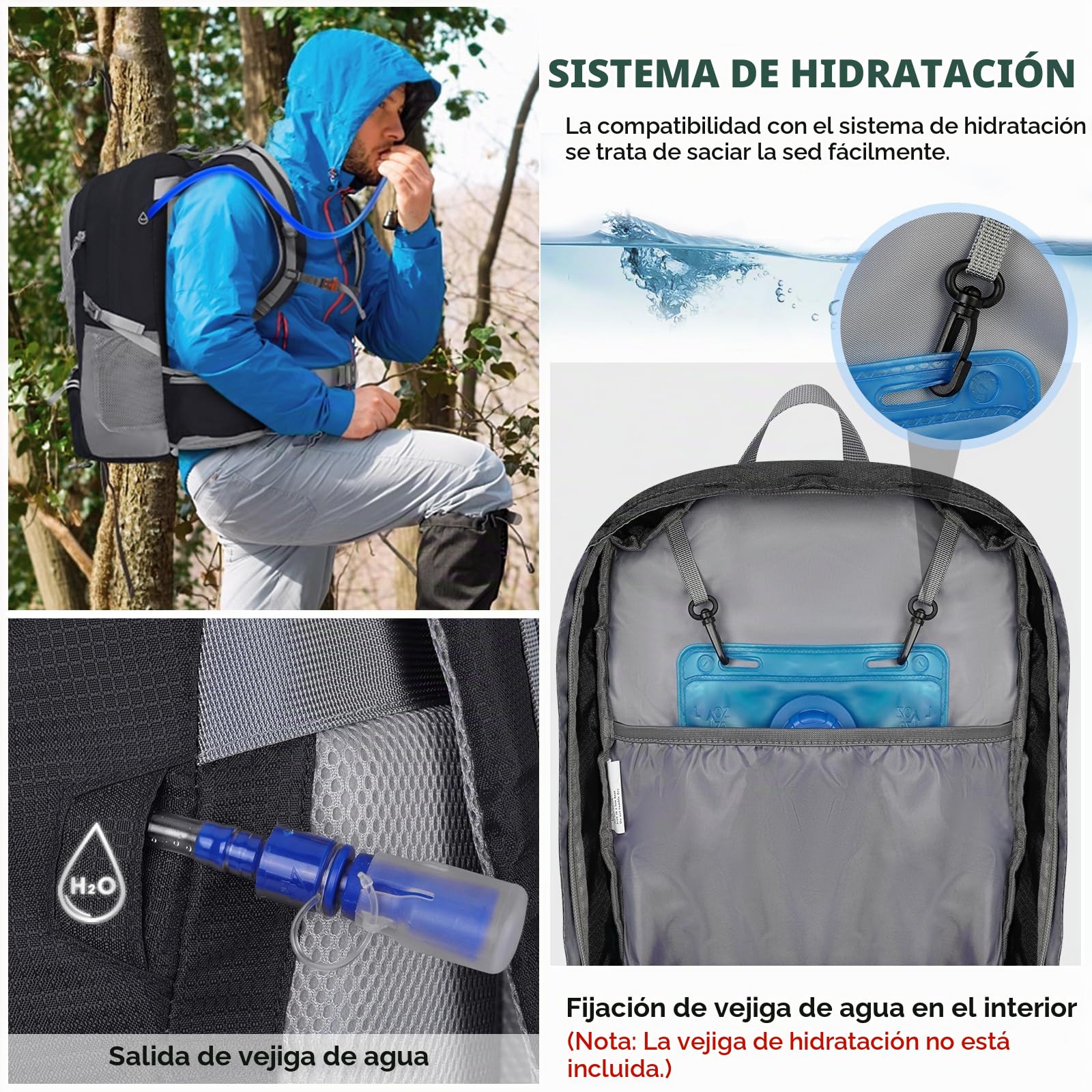 Mochila Senderismo Hombre Impermeable 50L Mochila de Camping Ligera Negro