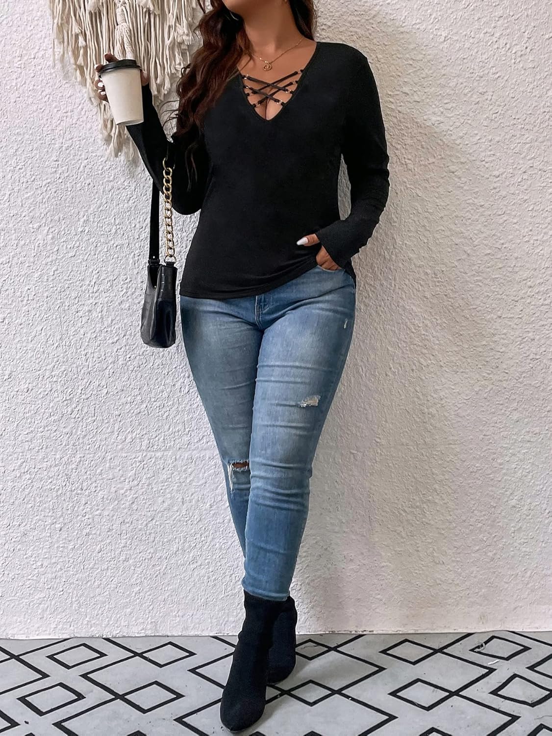 WDIRARA Women's Plus Size Deep V Neck Criss Cross Ring Long Sleeve Sexy Tee Tops - Image 5