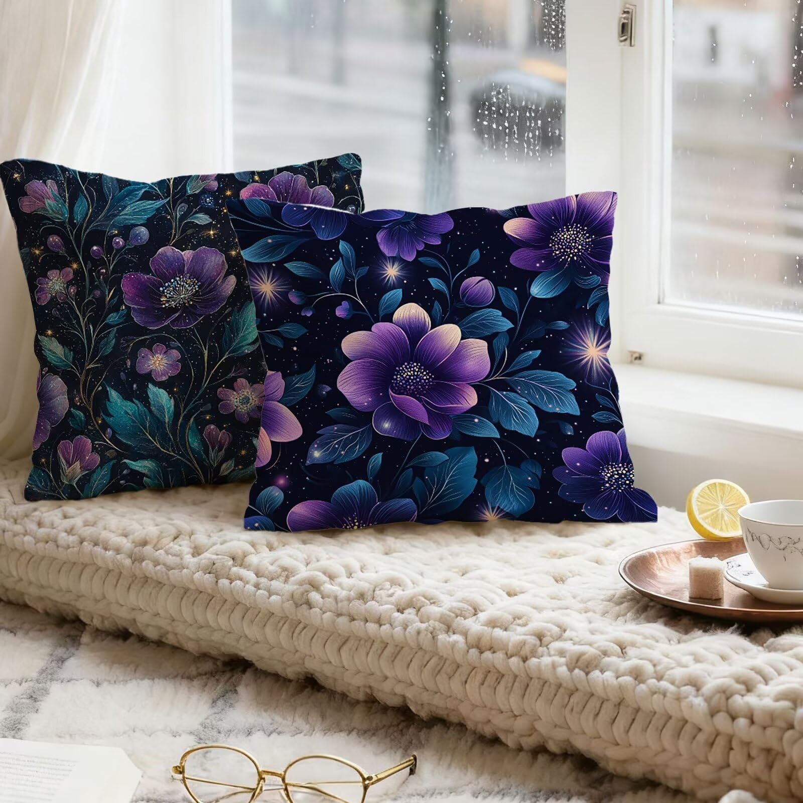 Violet Housse Coussin 60x60 Fleur Taie Oreiller 60x60 Lot de 4 Super Doux Protege Oreiller 60 x 60 Decoration Automne Taie D'oreiller Carrées Coussin Canape, pour Maison Chambre Canapé Chaise E - 324