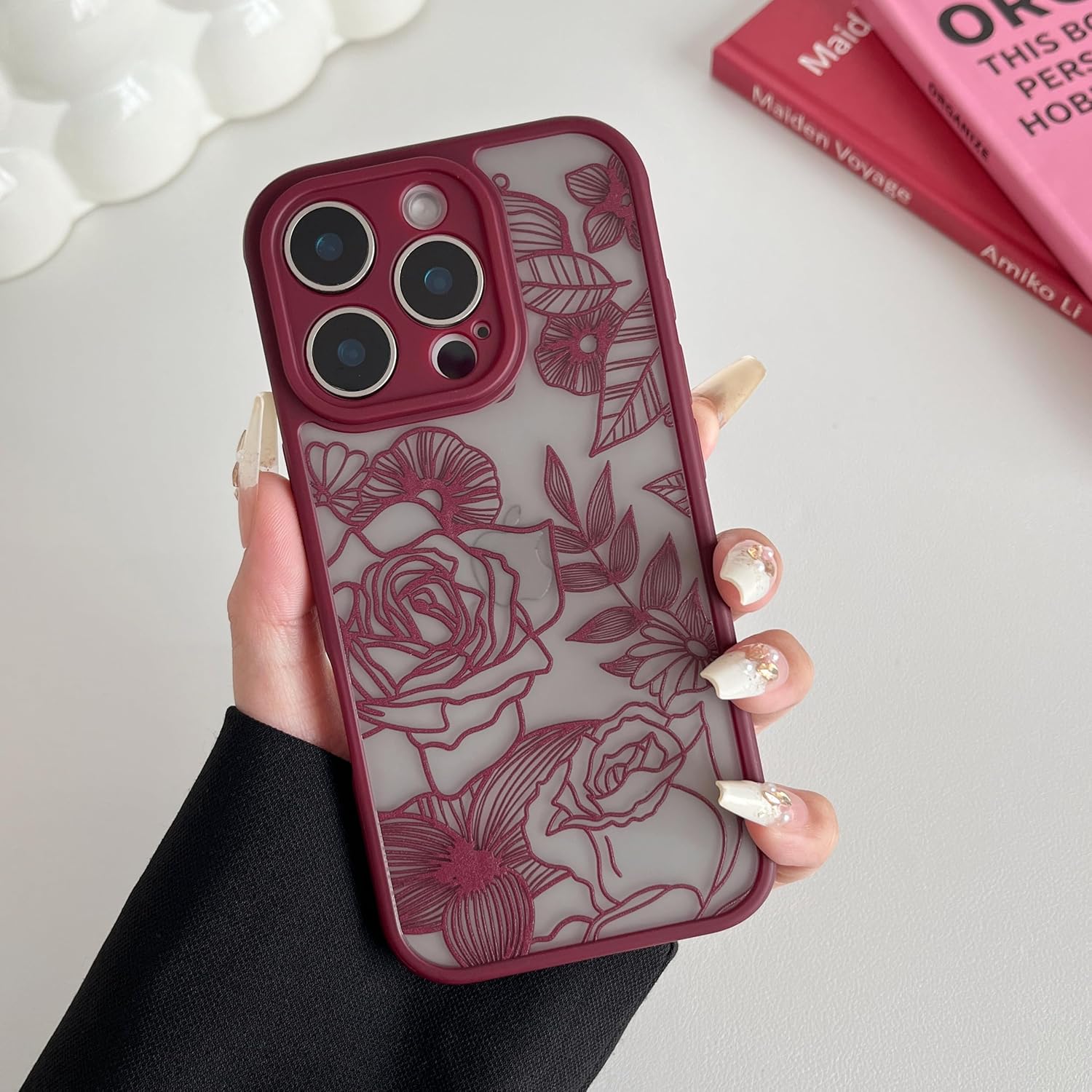 XIZYO for iPhone 16 Pro Max Case, Floral Rose Cute Phone Case for Women Girls Burgundy Aesthetic Pattern Print Slim TPU Bumper Shockproof Protective Cover for iPhone 16 Pro Max 6.9 Inch, Wine Red - Image 3
