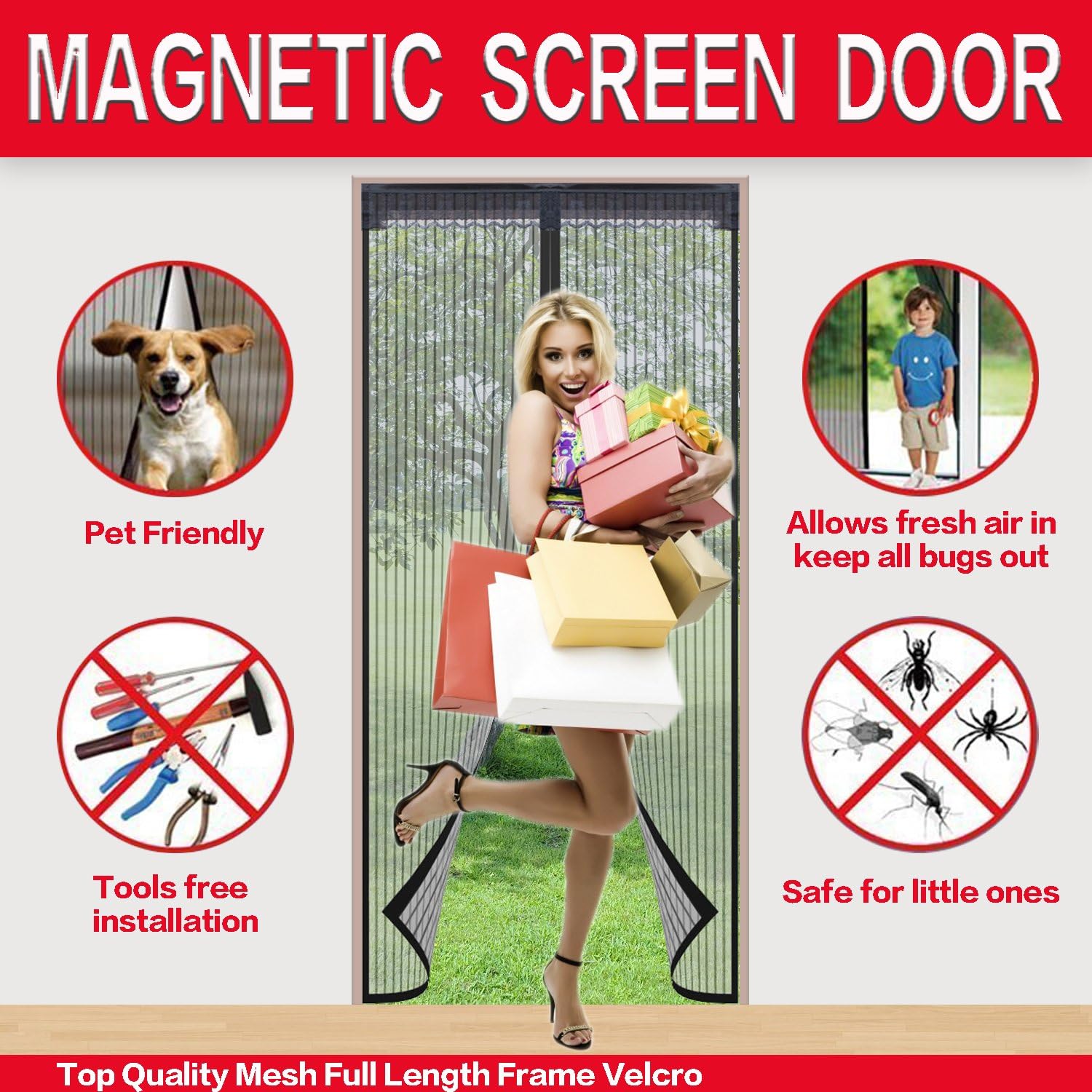 Mysuntown Magnetic Screen Door. Fit Door Size 34"x82" Screen Door Mesh with Full Frame Magic Stickers - Good for Kids and Dogs
