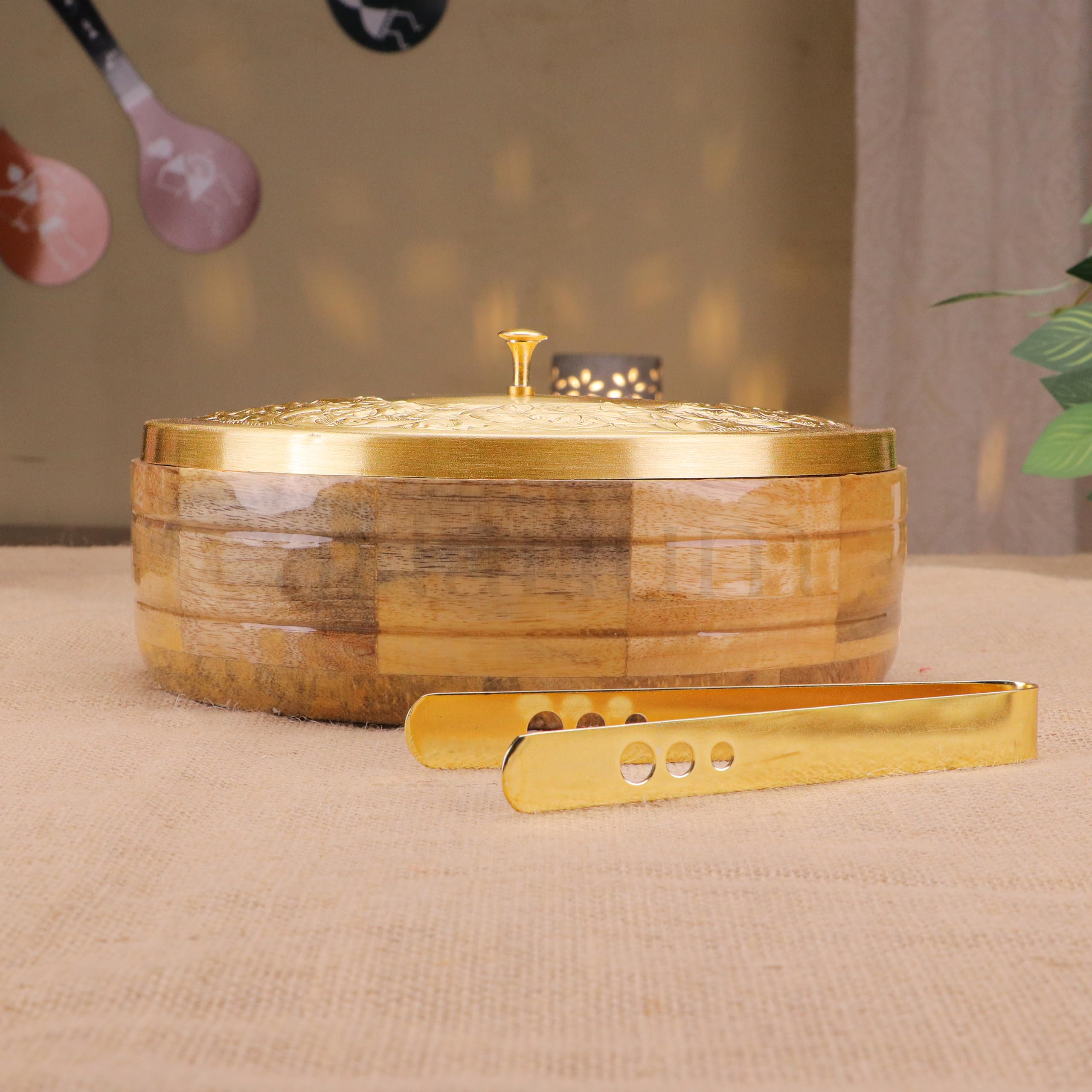 Artarium Handcrafted Premium Wooden Brass Roti Box With Lid Insulated Traditional Chapati Box Container Hotcase With Brass Tongs Durable Vintage Roti Dabba Hot Pots For Kitchen Dining (34x34x8.4) 3