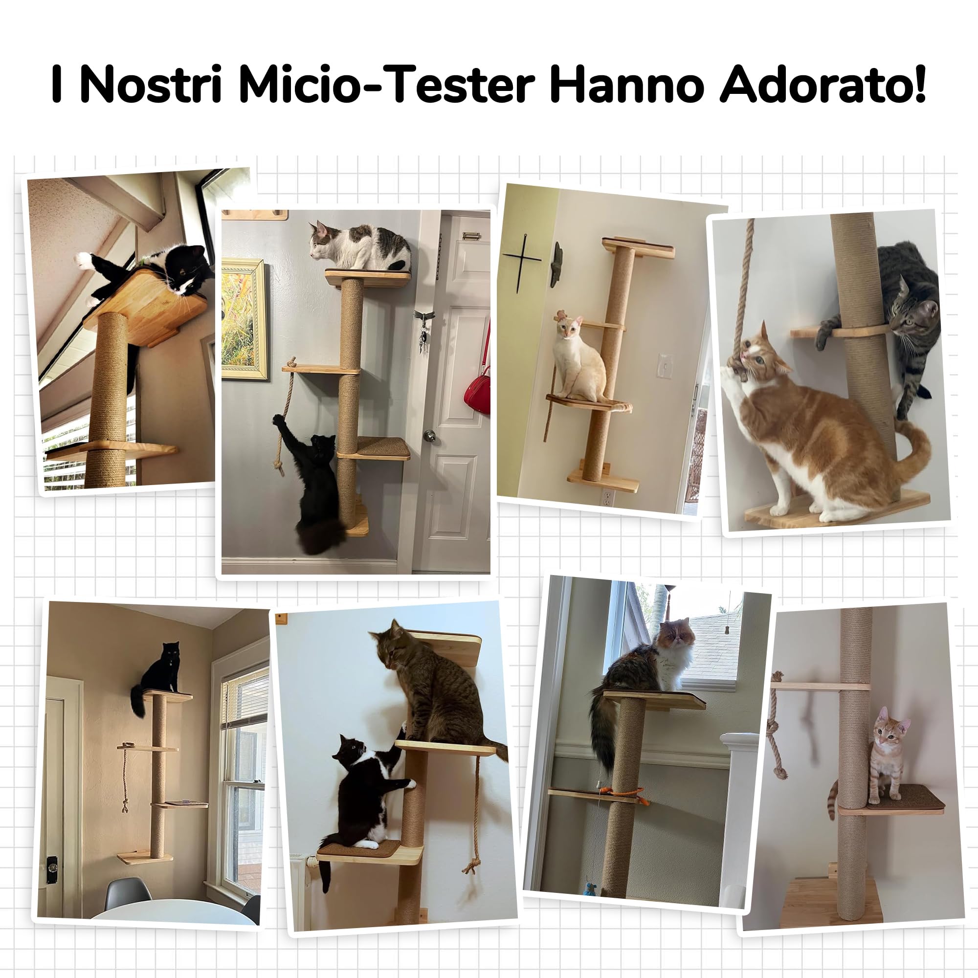 FUKUMARU Albero Tiragraffi per Gatti a Parete, Alto 127 cm, Arrampicare Mensole e Posatoi per Gatti, Legno di Gomma Massiccio,Colonne Tiragraffi con Iuta per Gatti, 4 Tappetini Tiragraffi.Grande.
