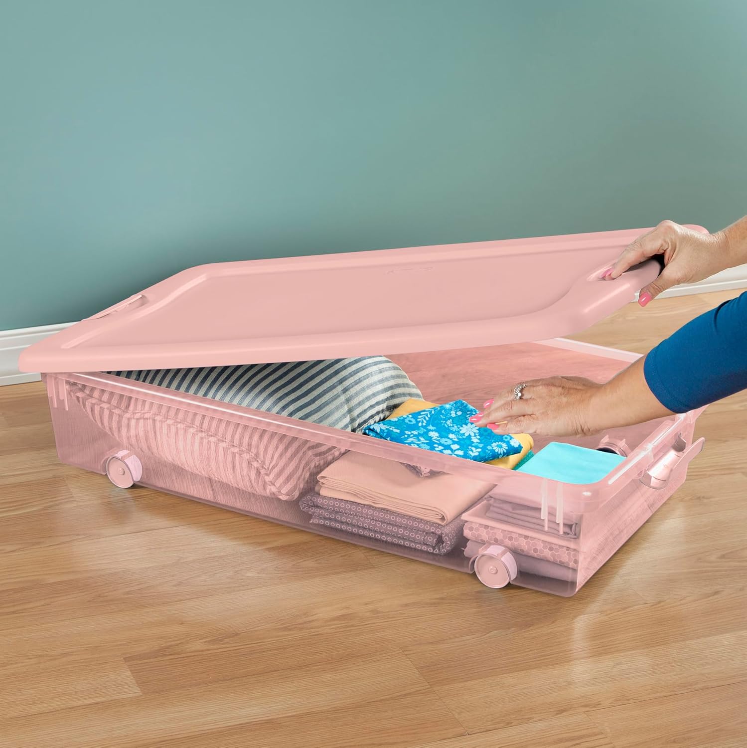 Sterilite 4-Pack 56 Quart Wheeled Latching Box, Underbed Plastic Storage Organizer, Pearl Blush Tint - Under Bed Rolling Container Bin with Lid and Wheels for Home or Dorm Bedrooms and Closets