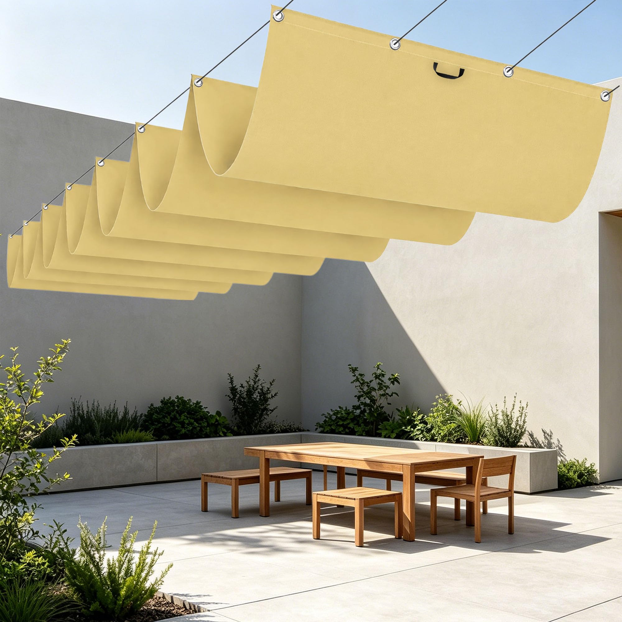 Toile ombrage rétractable vague jaune sable pour tonnelle moderne