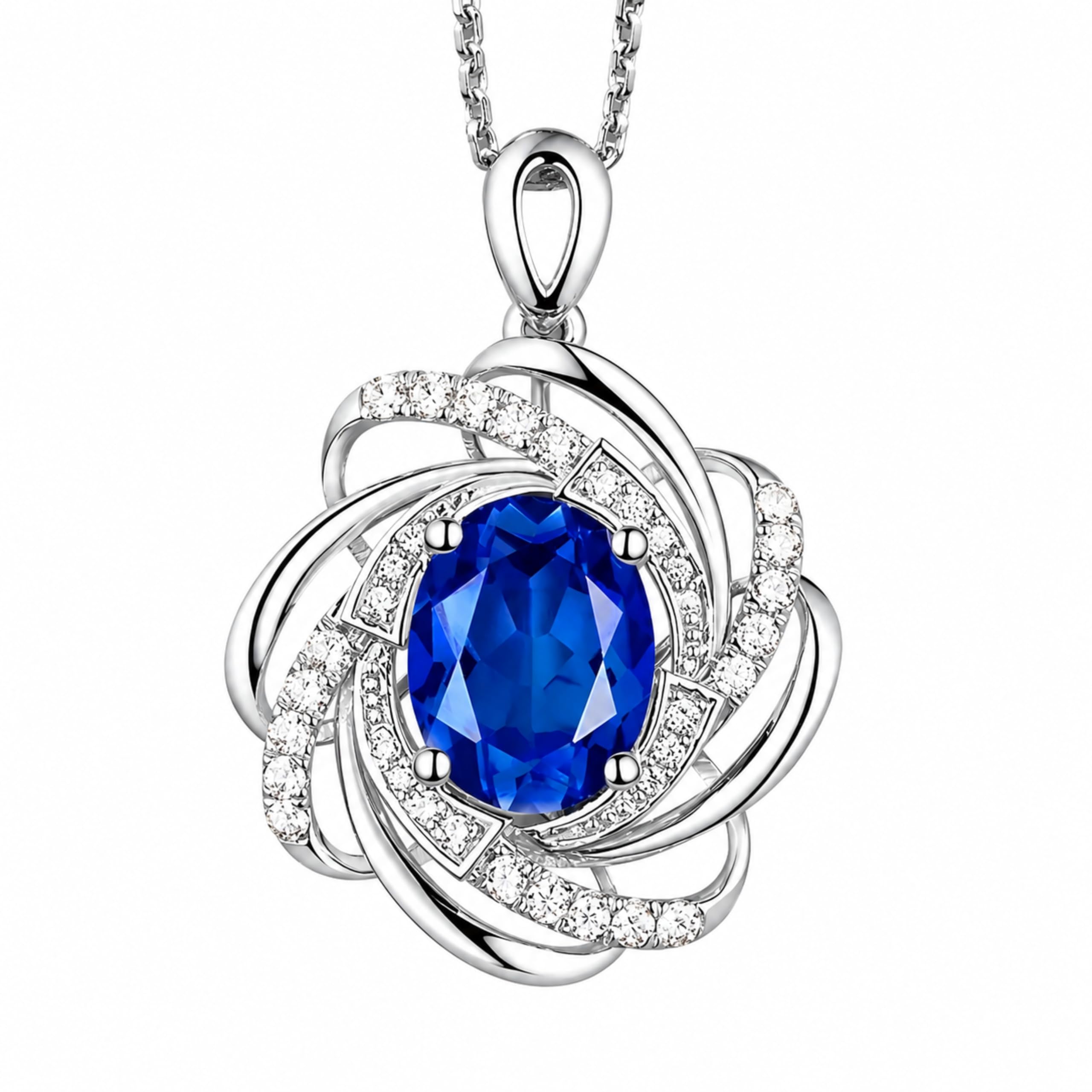 Silver Plated Blue Crystal Swirl Pendant Necklace, Flower Necklace, Hypoallergenic-image-9