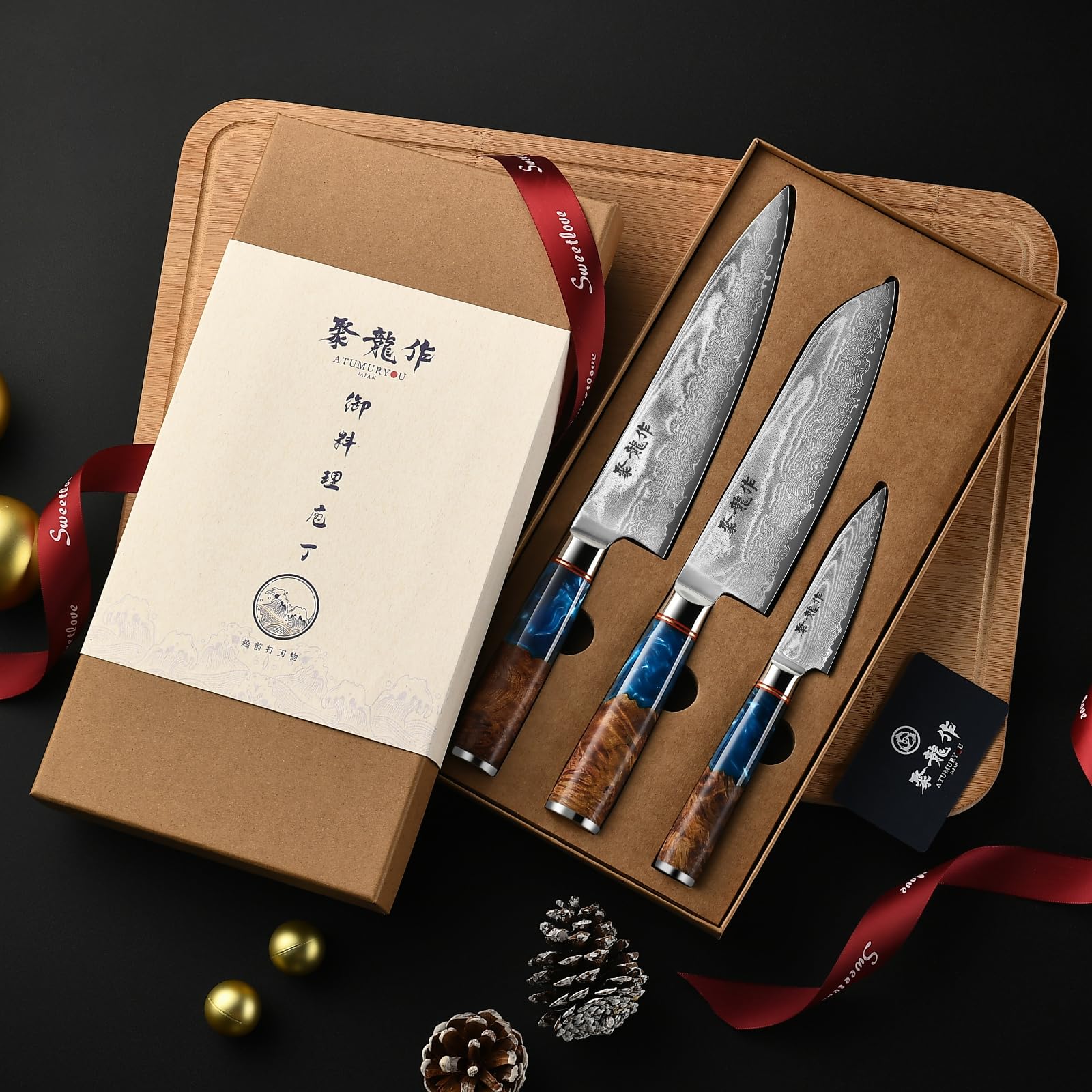 Japanese Chef Knife Set 3 Pcs, 67-Layer Damascus Kitchen Knife Set with VG10 Steel Core, Professional Sharp Damascus Knives with Ocean-Blue Ergonomic Handle, Include Elegant Cooking Gifts Box — Amazon image 8