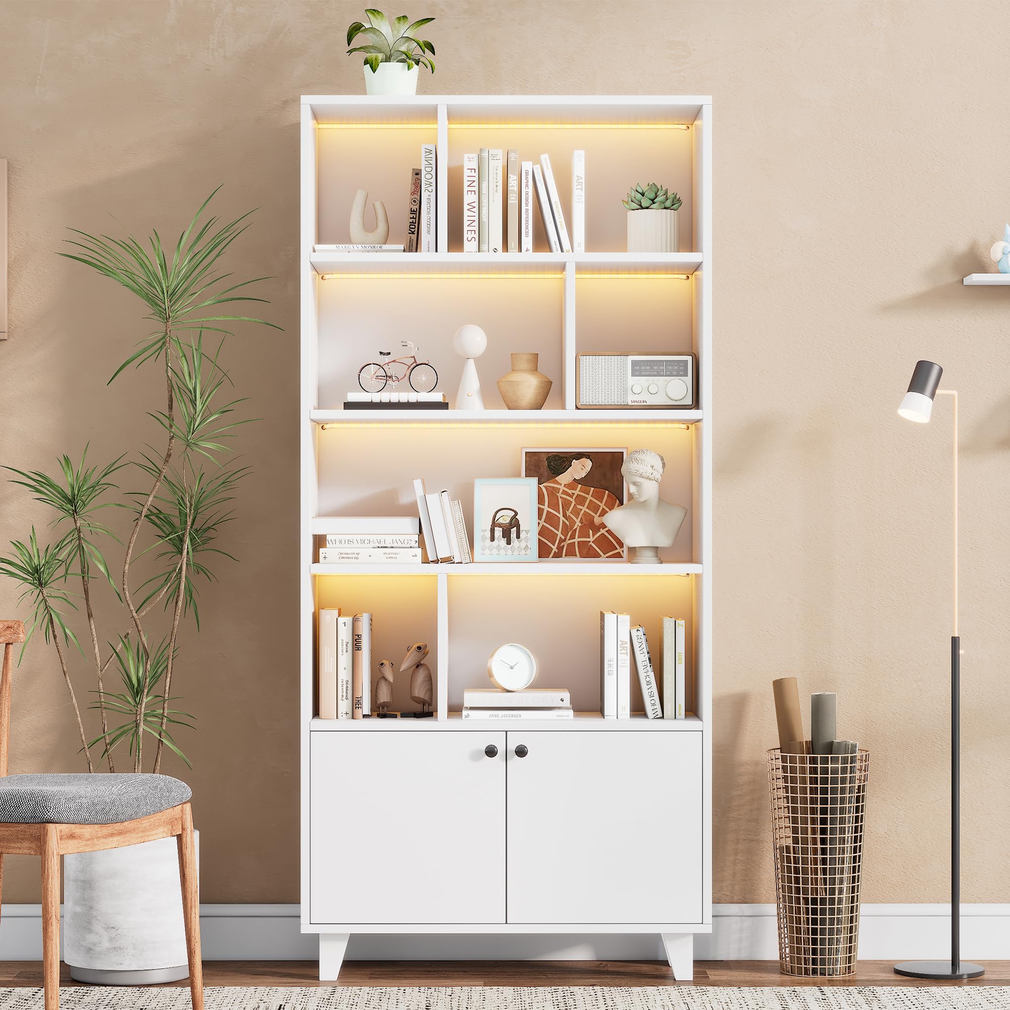 80 x 30 x 173 cm estantería, patas de madera maciza, varios compartimentos, puertas dobles, luz LED que cambia de color, mando a distancia, forma simple (blanco)