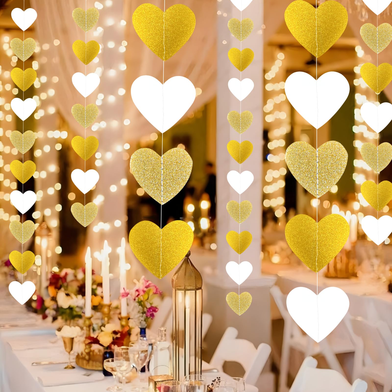Decoraciones de fiesta de compromiso, decoración de fiesta de champán blanco y dorado, guirnalda de serpentinas de corazón, pancarta de papel colgante de 52 pies, pancarta de papel colgante