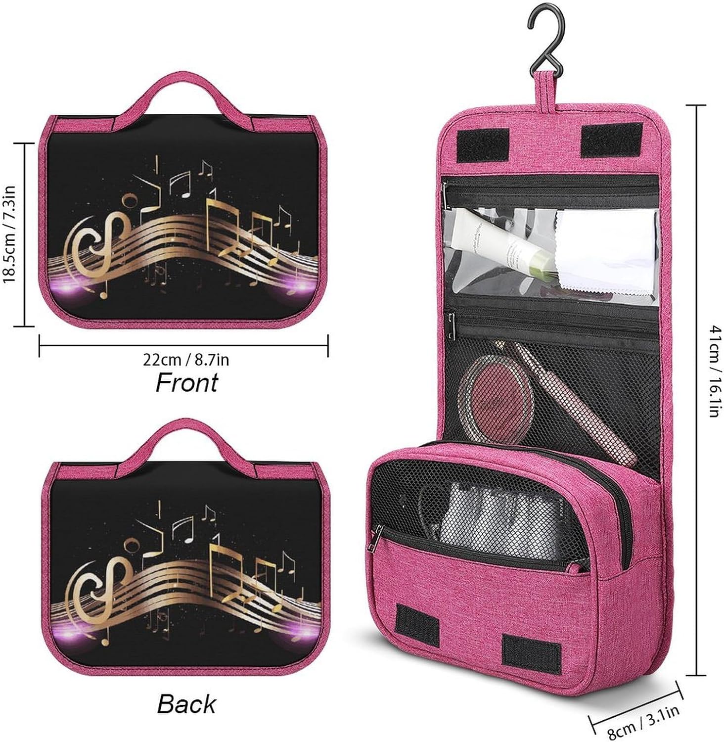 Hanging Novel Music Note Toiletry Bags Waterproof Makeup Bag with Hanging Hook Cosmetic Bags for Women Bathroom Storage Bag Portable Makeup Pouch Travel Makeup Organizer image 2