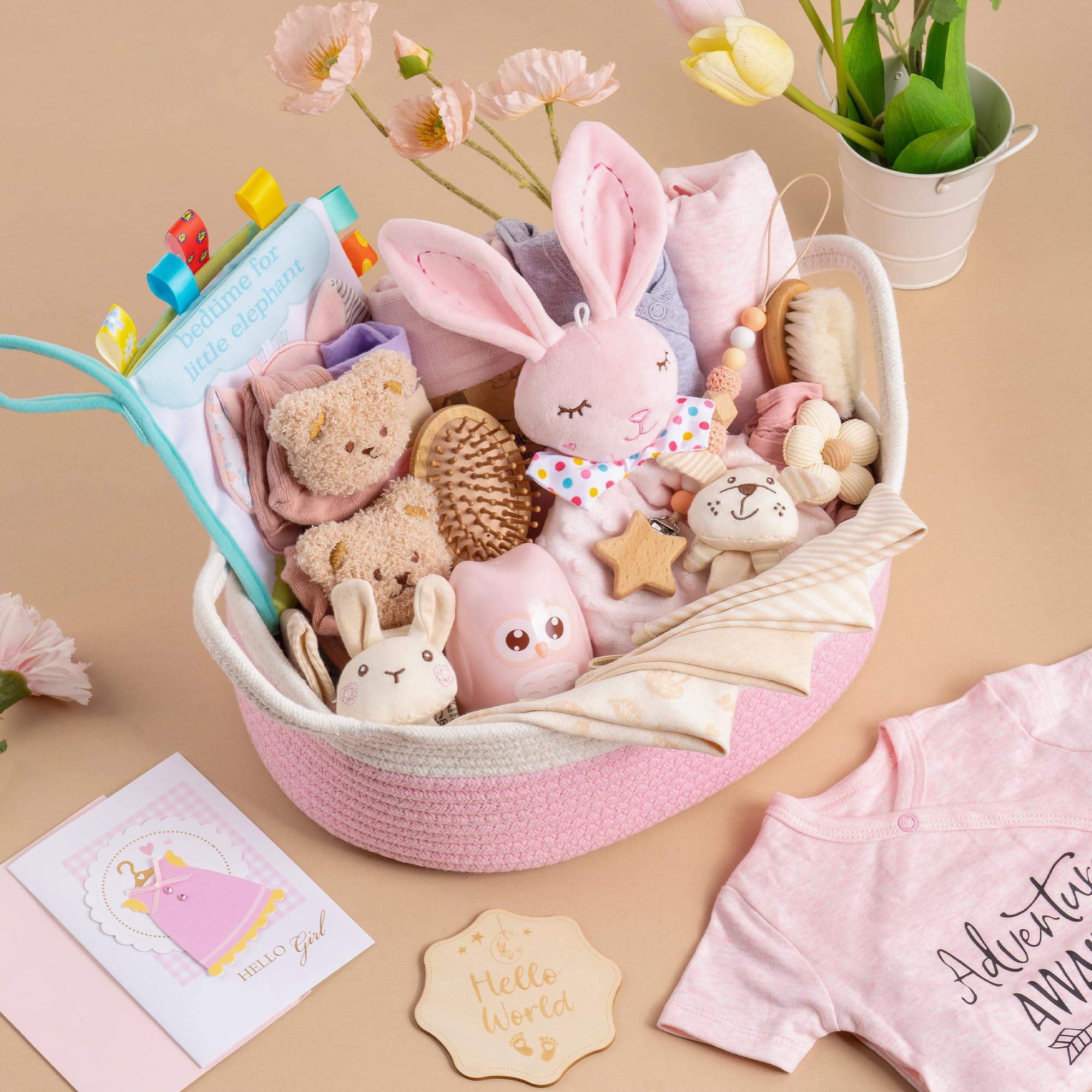 Regalo per bambini, 30 pezzi, grande cesto regalo, ideale come regalo per neonati per ragazzi e ragazze. Include: asciugamano con cappuccio, set per bambini, peluche, sonaglio, pettine e biglietto di