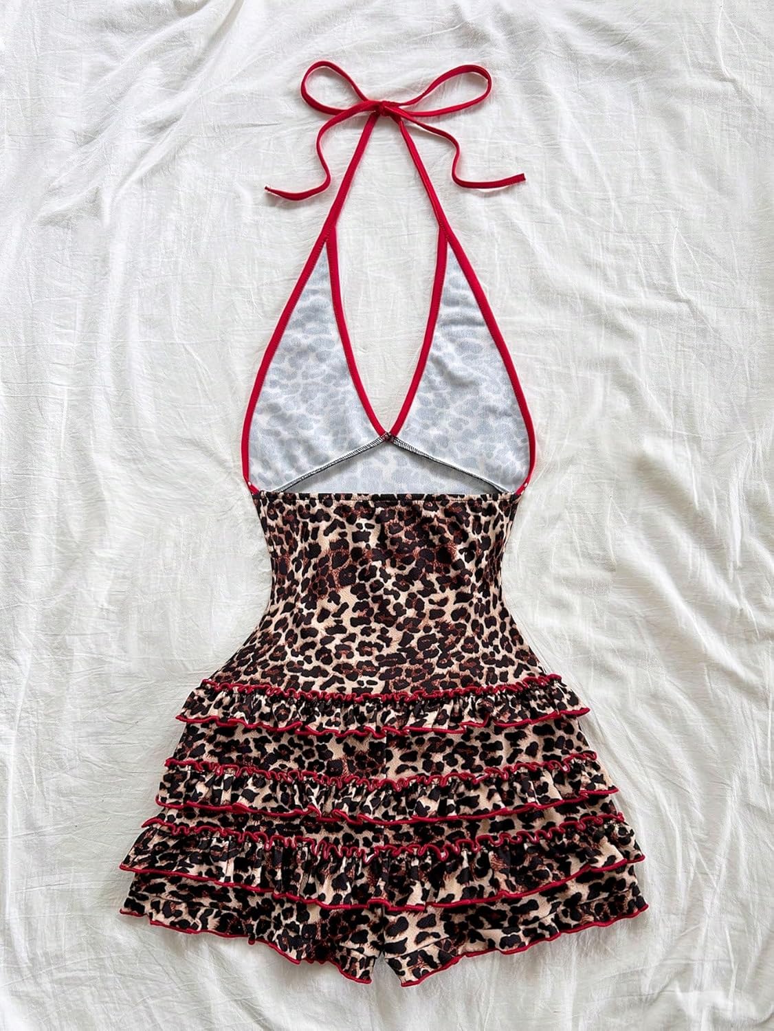Milumia Women's Leopard Print Sleeveless Halter Romper Y2K Contrast Binding Shorts Jumpsuit