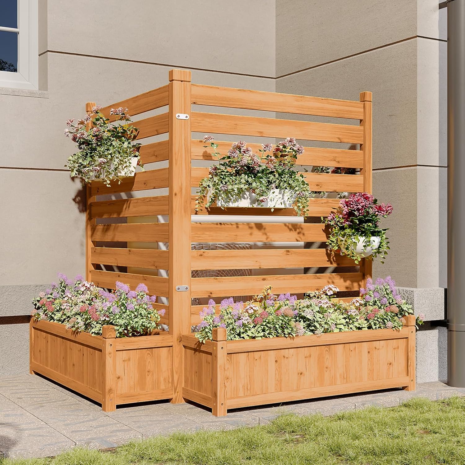 Aoxun Air Conditioner Fence, 2-Panel Outdoor Wood Privacy Screen with Planter Box, 34" W x 45" H Privacy Fence for Air Conditioner, Trash Can, Pool, Patio & Backyard Decor No-Dig Kit