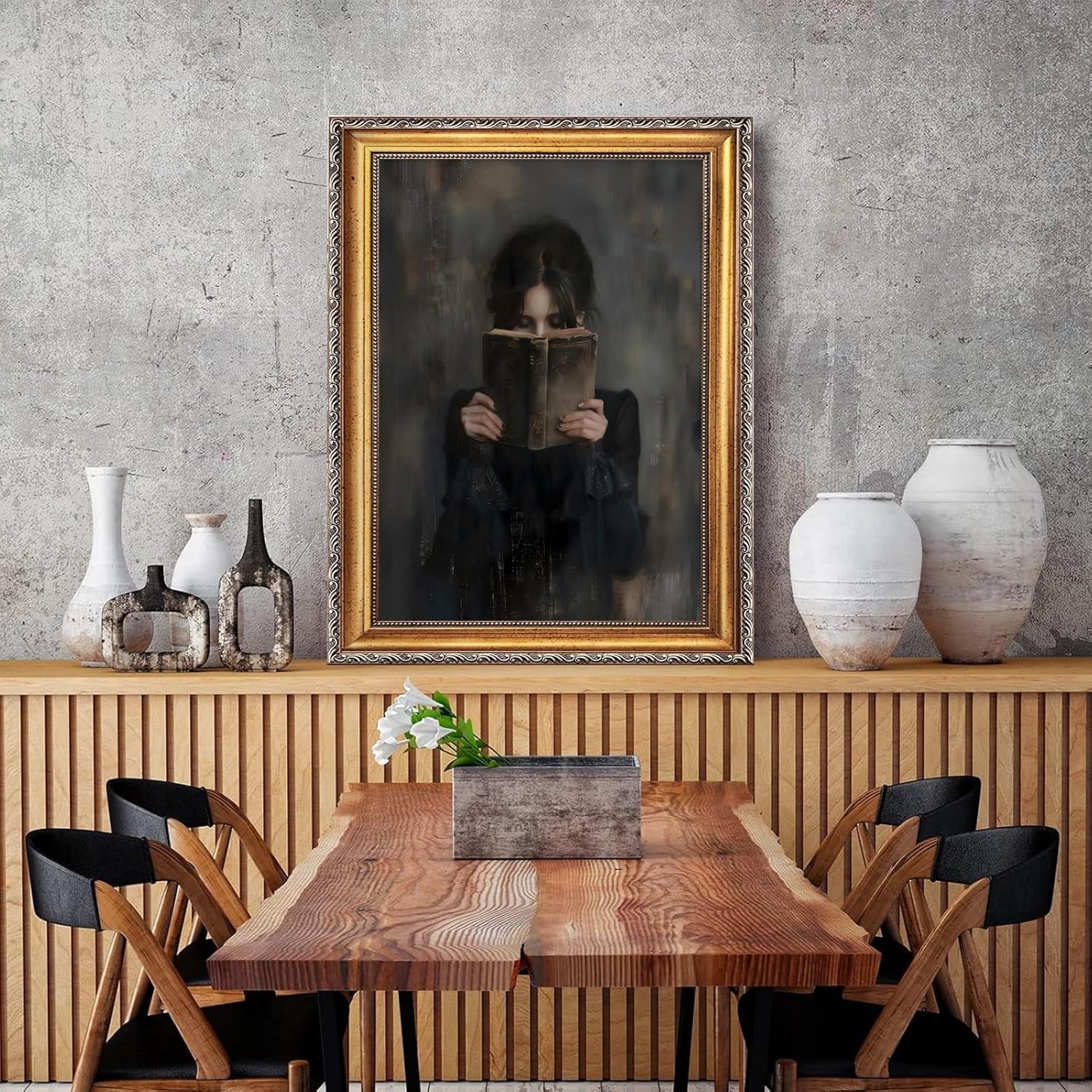 Gold Framed Wall Art Dark Academia Book Read Woman Canvas Print Vintage Classic Portrait Moody Library Aesthetic Painting Antique Gothic Literary Artwork Poster for Study Room Decor 12x16inch