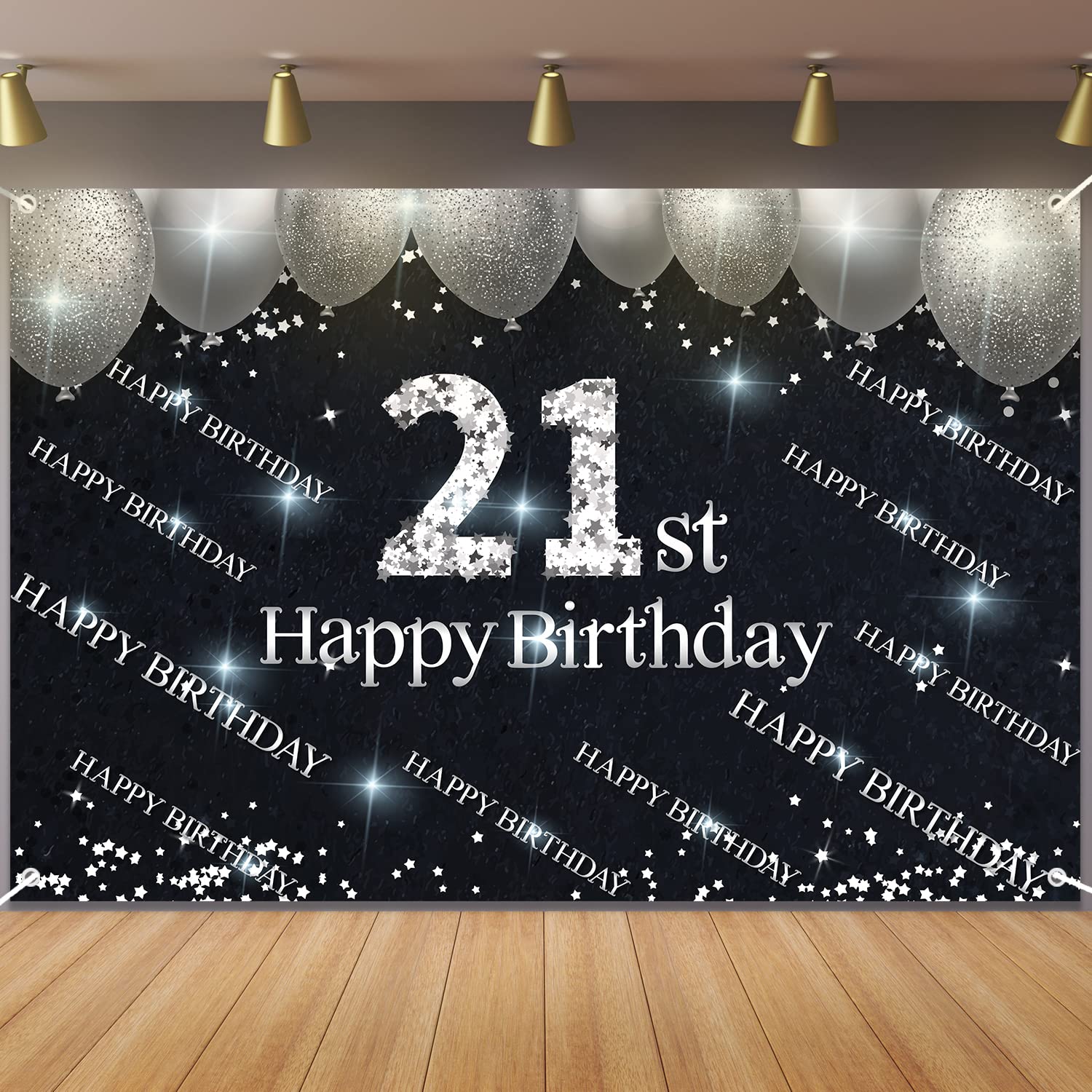 Silver and Black Happy 21st Birthday Backdrop Banner Decorations for Women Men 21 Years Old Bday Background Photography Party Decor Sign Supplies