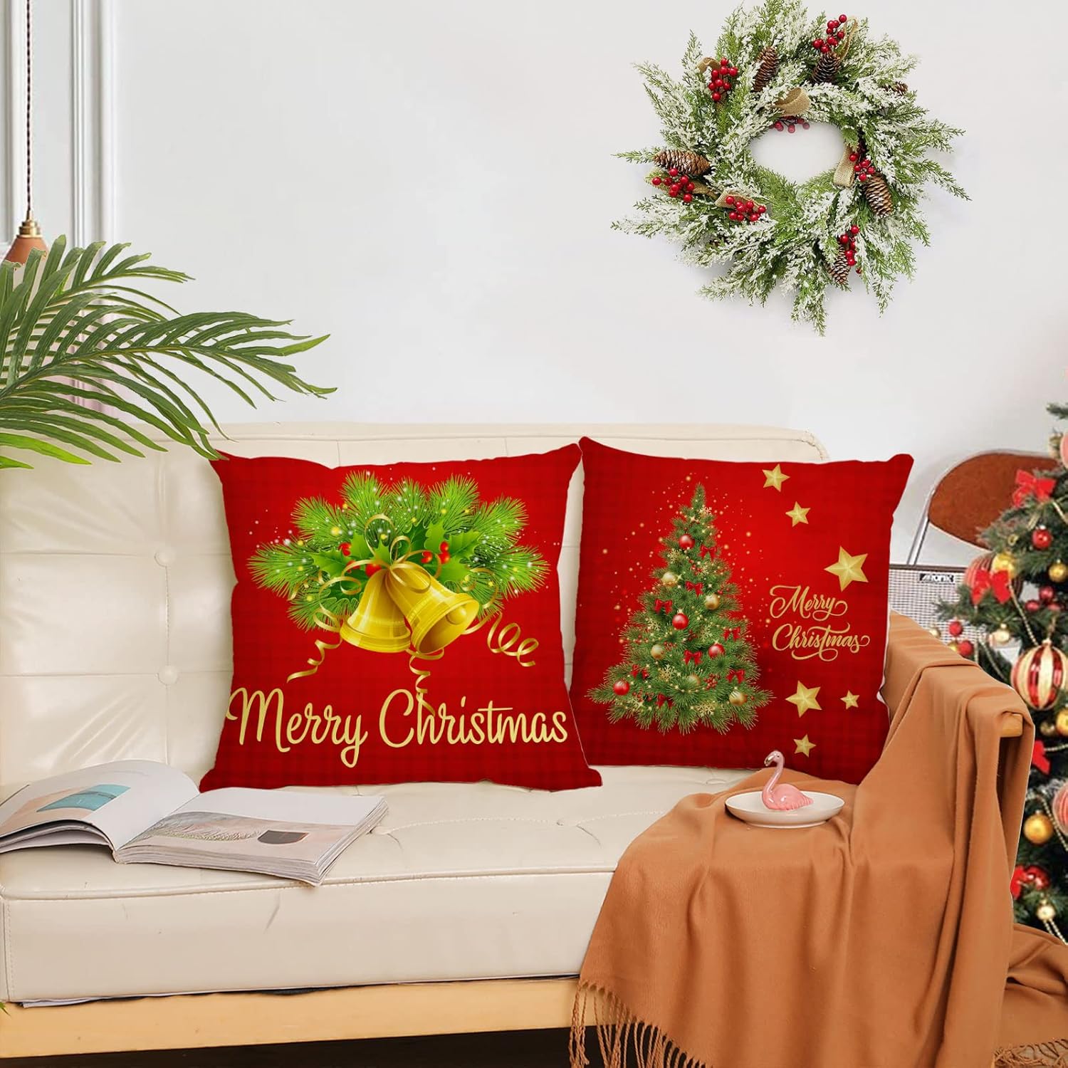 Set of 4 Christmas Pillow Covers 24x24 Inch Merry Christmas Pillow Cases Christmas Velvet Throw Pillow Covers Gold Red Xmas Holiday Pillow Covers Outdoor Couch Sofa Cushion Covers for New Year(24)