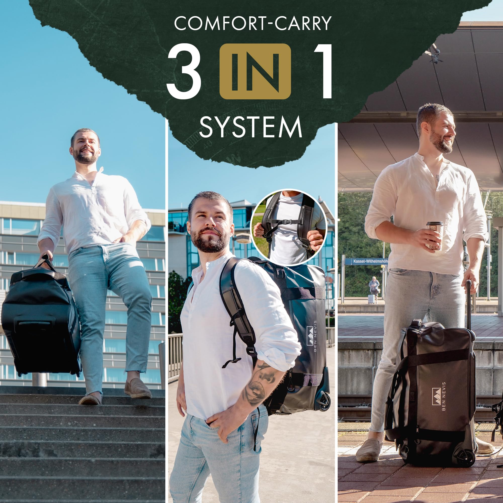 BEN NEVIS Reisetasche mit Rollen – 3in1 Tasche Trolley & Rucksack [60L Groß] Travel Bag Reisekoffer Duffle Bag Sporttasche Rollen Reisetaschen Koffer | Luggage | Reisetasche Damen & Herren