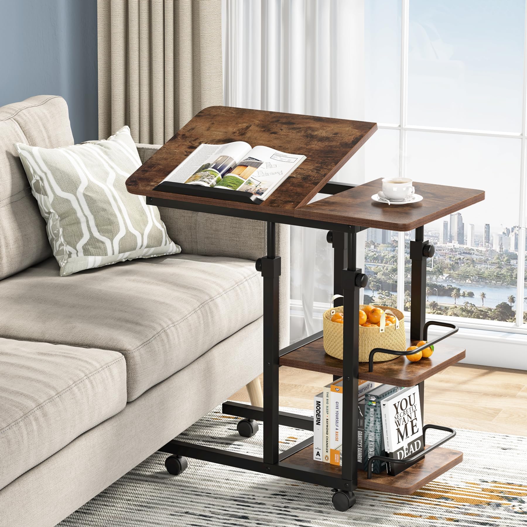 Tribesigns Height Adjustable C Table with Storage, Mobile Couch Snack Side Table with Tiltable Drawing Board, Sofa Bedside Table Laptop Rolling Cart for Bedroom, Living Room (Rustic Brown)