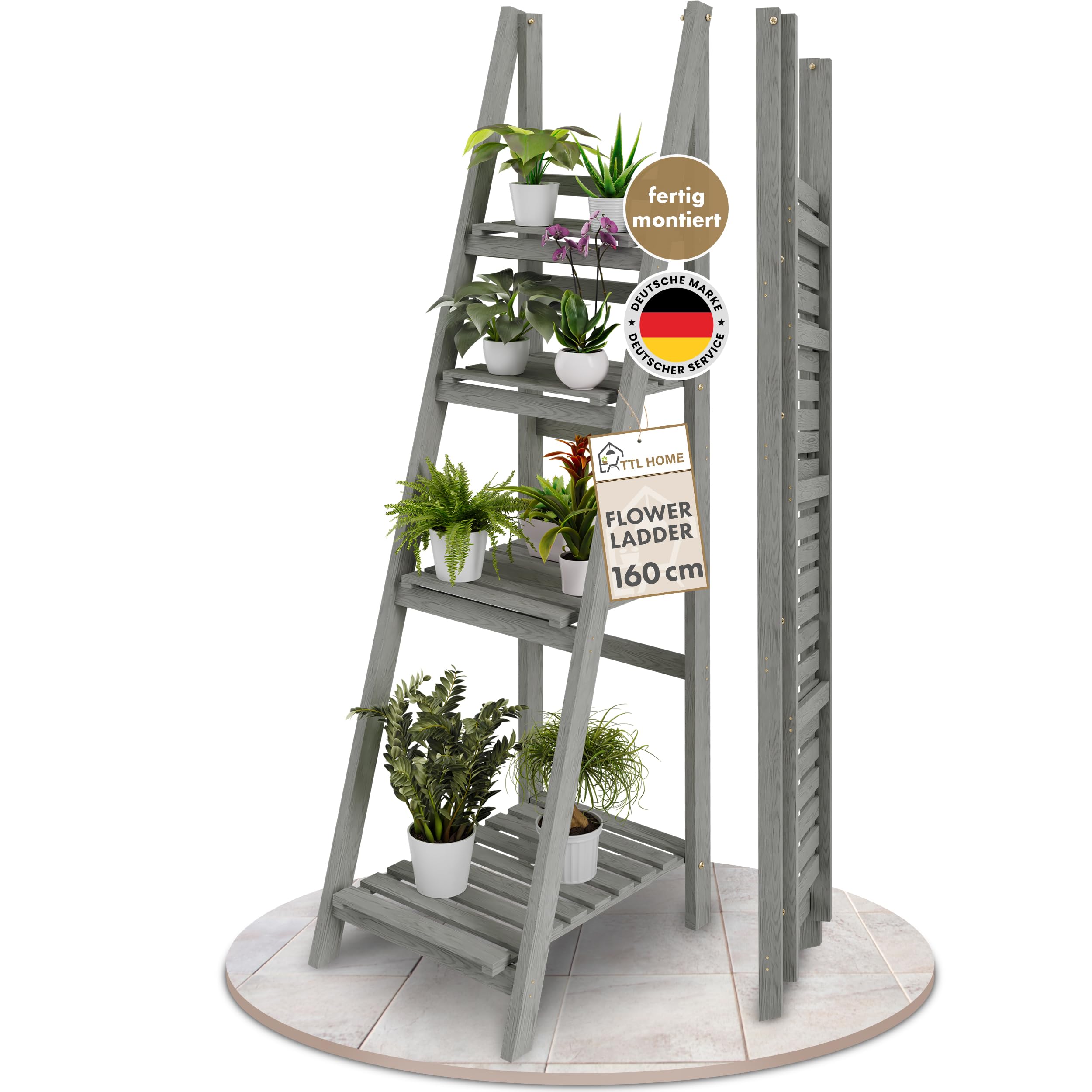Échelle à fleurs L 160 x 41 x 50 cm Gris clair – Étagère en bois naturel à 4 niveaux Étagère à fleurs Étagère à plantes Étagère à herbes pour l'intérieur et l'extérieur Balcon Terrasse