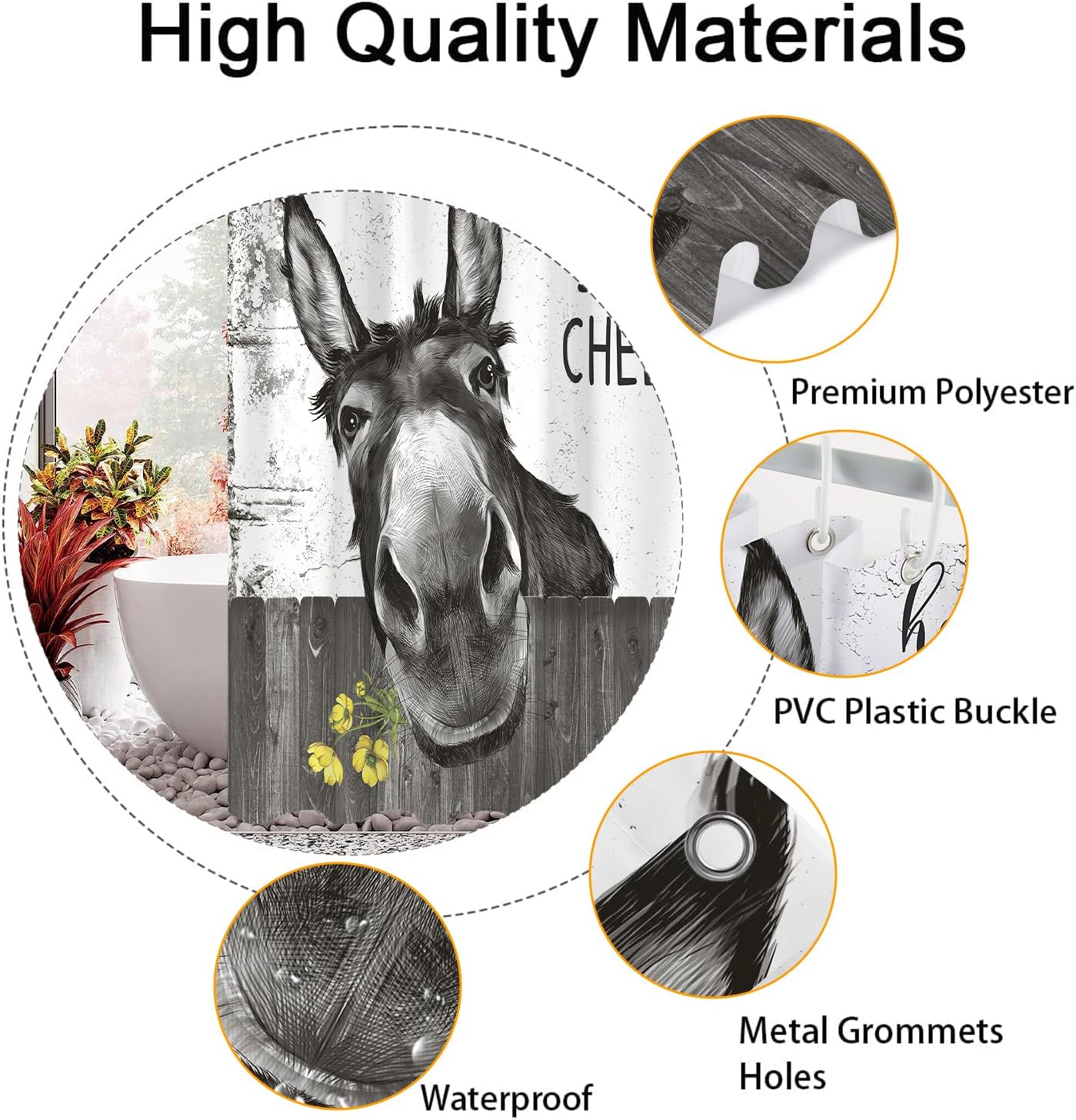 Funny Donkey Rustic Shower Curtain, Fun Cute Animal Farmhouse Shower Curtain for Bathroom Set, Black and White Polyester Fabric Waterproof, 72x78 inch with 12 Hooks