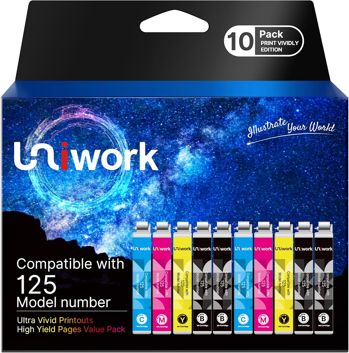 Uniwork Remanufactured Replacement for 125 Ink Cartridges 10 Pack for NX420 | Replacement for Epson 125 Use for NX125 NX127 NX530 NX625 NX130 NX230 Workforce 520 325 323 320 Printer (4B/2C/2M/2Y)
