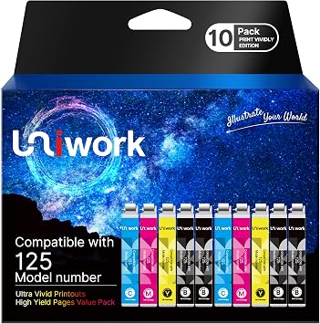Uniwork Remanufactured Replacement for 125 Ink Cartridges for Epson 125 Work for NX125 NX127 NX530 NX625 NX130 NX230 NX420 Workforce 520 325 323 320 Printer4 Black 2 Cyan 2 Magenta 2 Yellow, 10 Pack