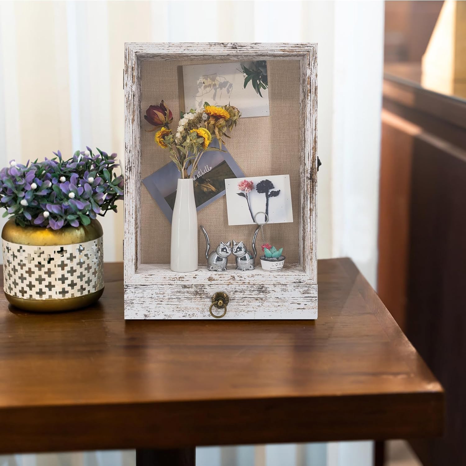 11x16 Deep Shadow Box Frame with Drawer and Soft Line Back, Wooden Display Case Memory Box Real Glass for Keepsakes Collections, Medals, Bouquet Wall or Tabletop Rustic White