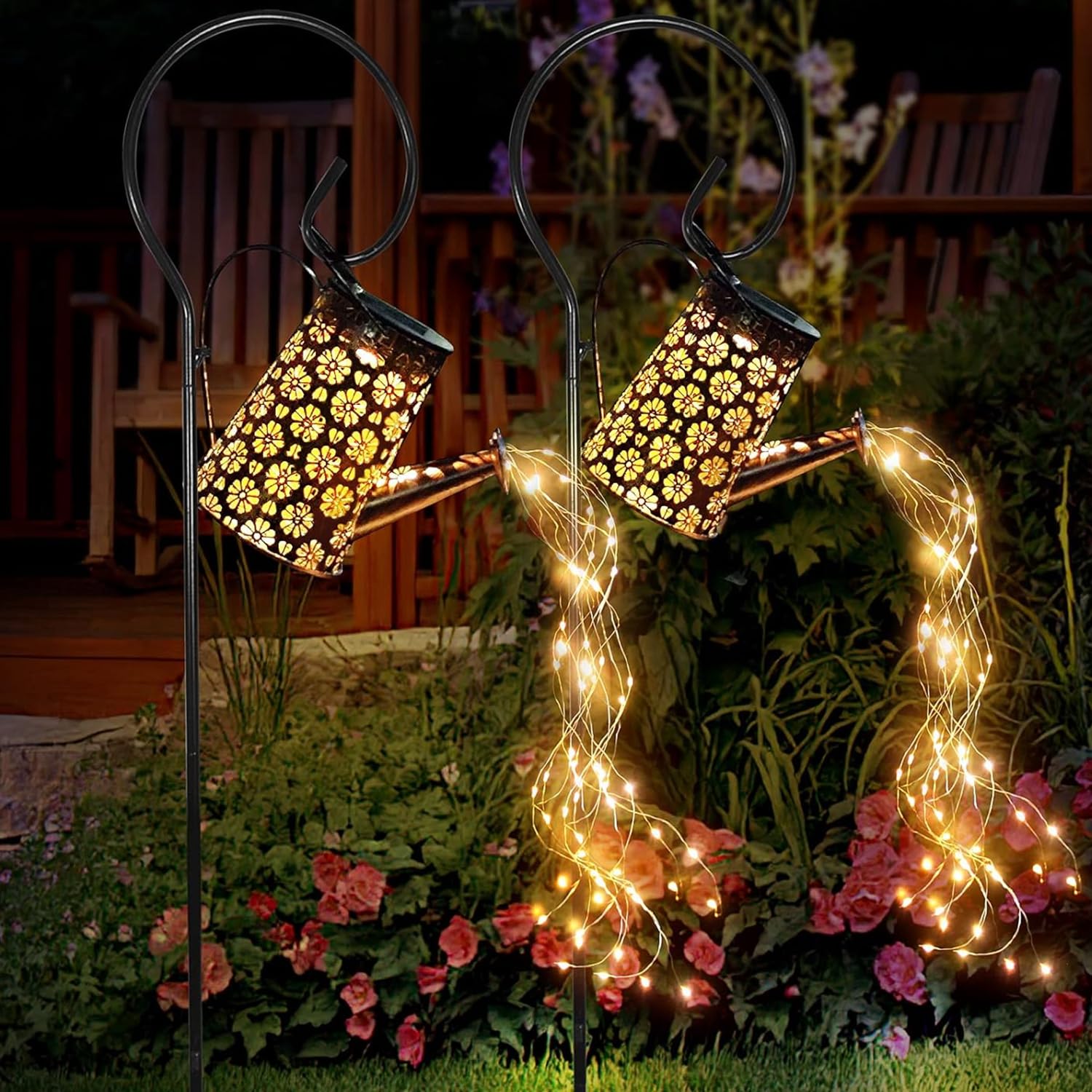 Solar Watering Can with Cascading Lights, Hanging Solar Waterfall Lights Waterproof Outdoor Garden Decor for Yard Porch Lawn Backyard Patio Outside Gardening Gifts