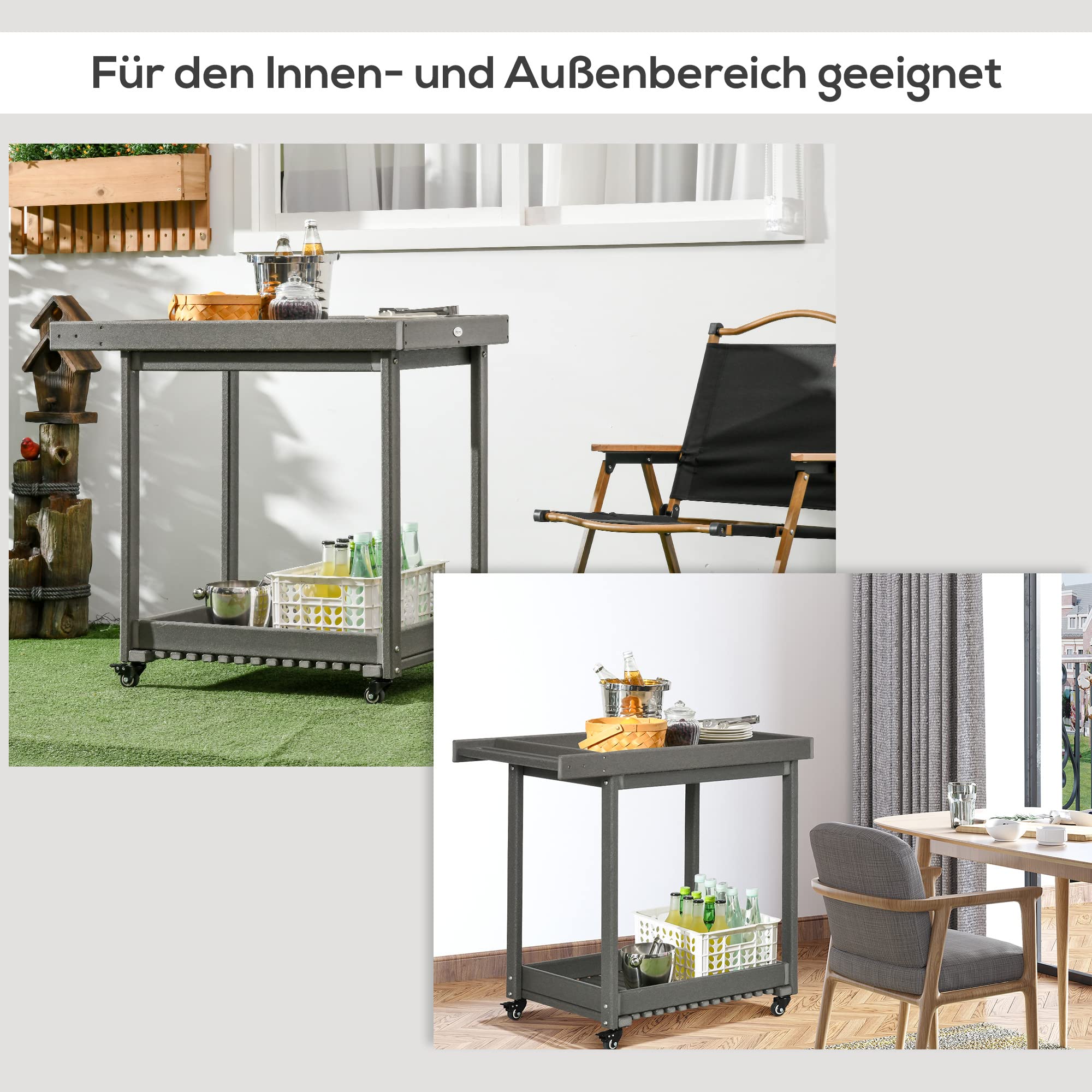Outsunny Servierwagen, Barbecue Trolley mit Handtuchhalter, Garten Rollwagen mit 2 Regalen, Outdoor Multifunktionstisch mit Rollen, für Garten, Balkon, 87 x 50 x 80cm