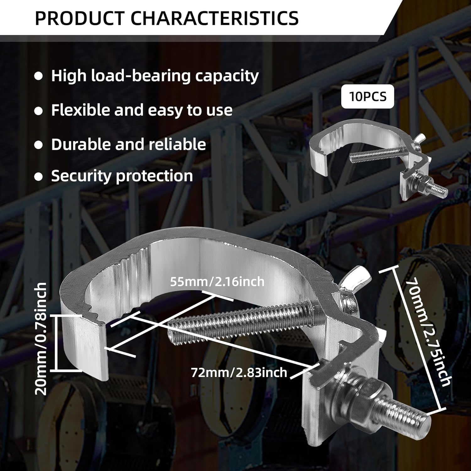10 Pack 1.18-2 Inch Stage Truss Clamps, Hooks, Fit for 30-50 mm Pipe, Aluminum Alloy, 55 LB Load Capacity, for DJ & Stage Lights - Image 2