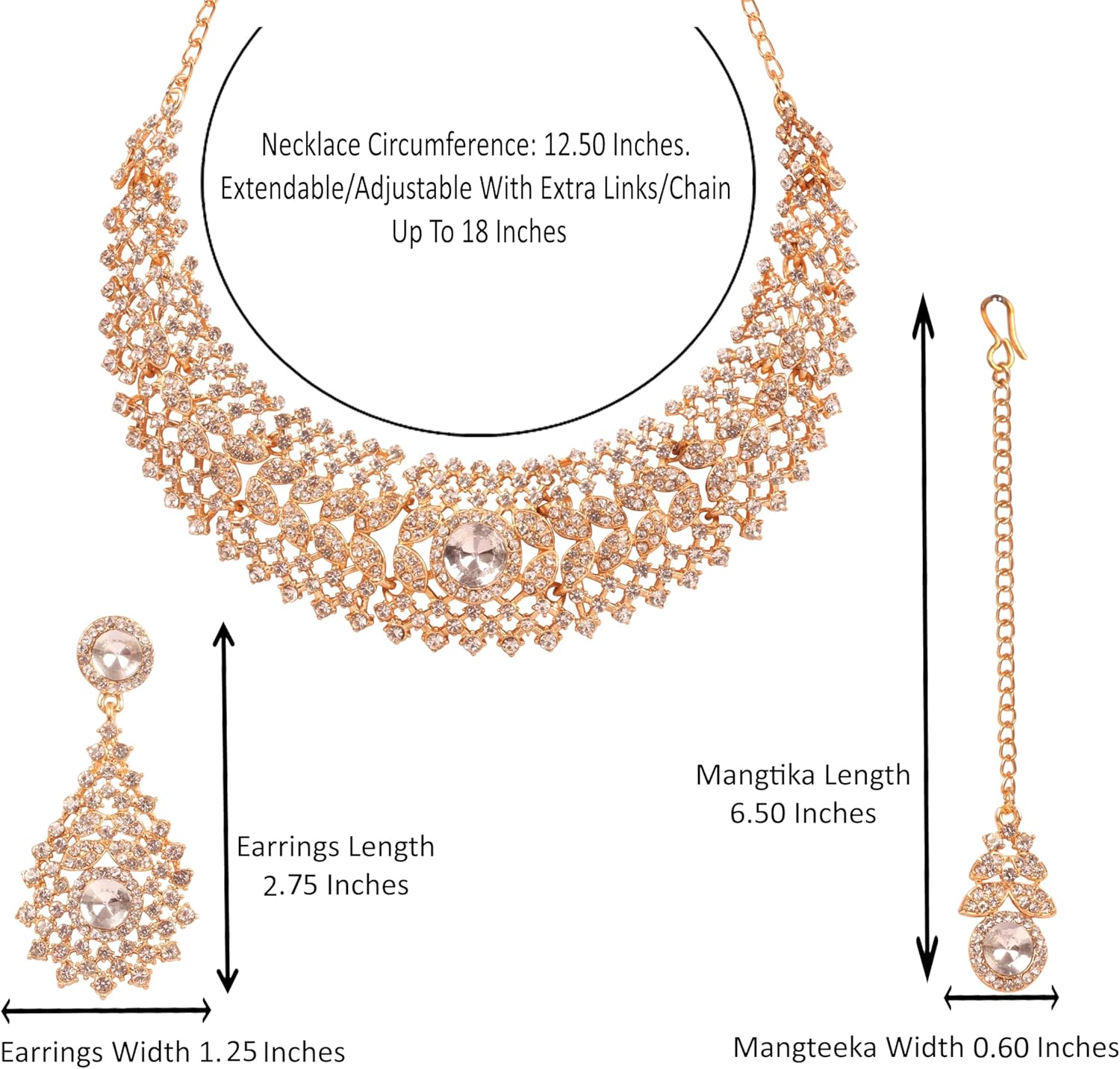 Sunsoul Touchstone Gold Silver Indian Jewelry Sets for Women Wedding Bridal Necklace Statement Bollywood Costume White Rhinestone Crystal Brides Fashion Chunky Party Formal Evening wear Accessories