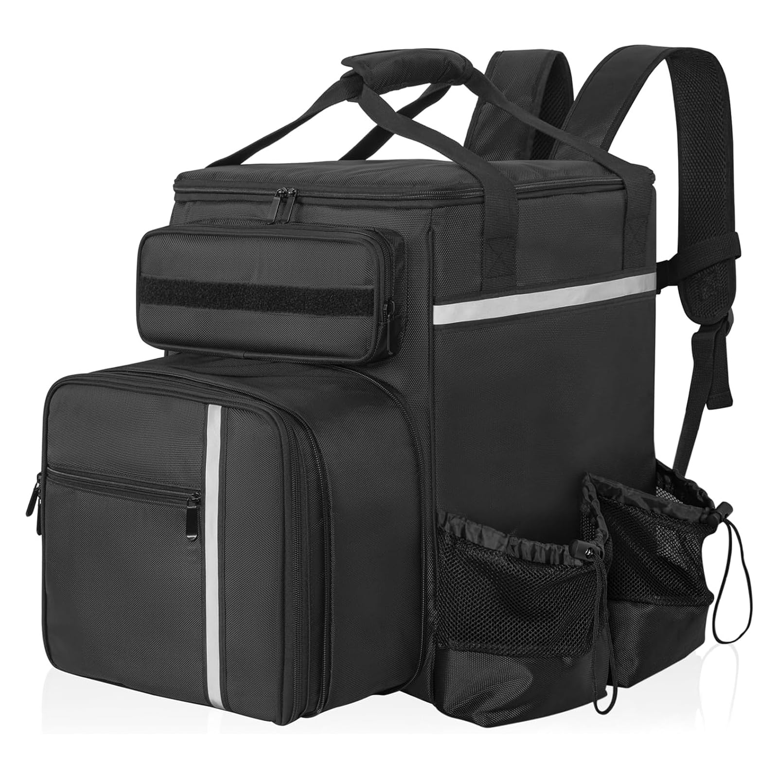OUUTMEE 51L Liefertasche für den Gewerblichen Gebrauch, Thermo-Pizzatasche, mit Erweiterungstasche + Trennwand Reflektierendes Streifendesign,mit Seitentaschen zur Aufbewahrung von Getränken
