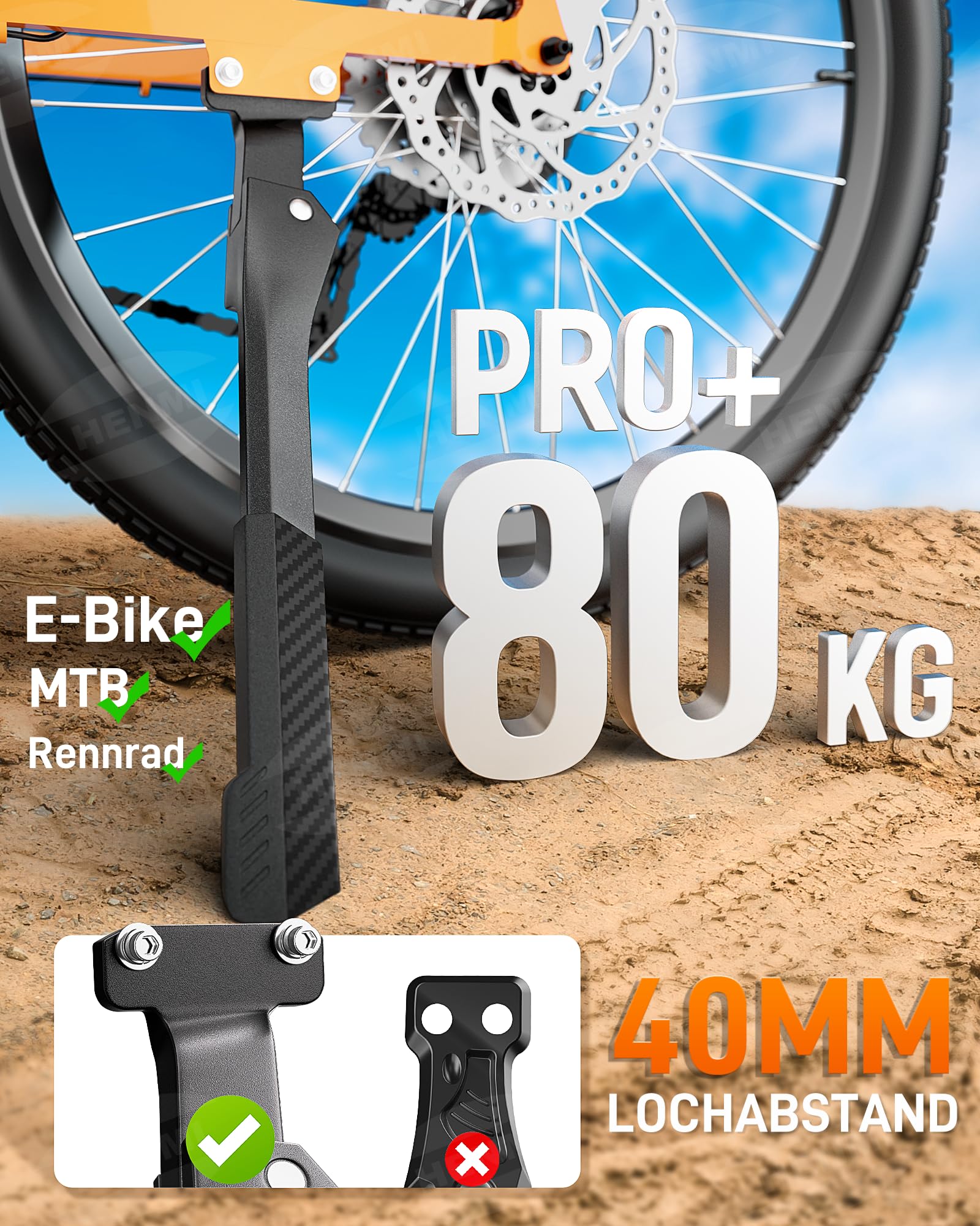 HENMI Fahrradständer e-bike 24-29 Zoll, 40mm lochabstand mit 2 löchern Extra Stabil 80 KG, Verstellbarer Fahrradständer für e bike Mountainbike Rennrad