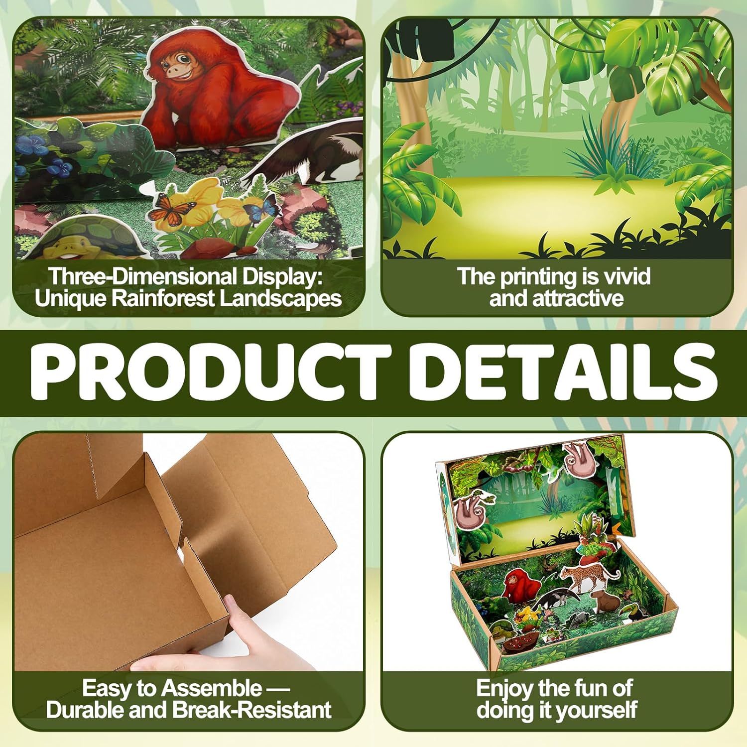 Gueevin 35 Pcs Rainforest Animal Diorama Kit Jungle Animals Figures Diorama Box Supplies Cardboard Model Set with Stickers Craft Kits for Science Learning DIY Activities Birthday Gifts Creative