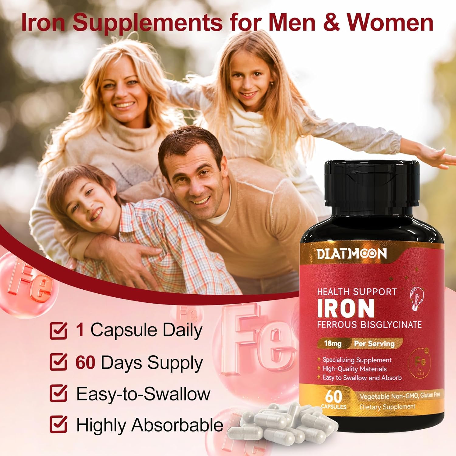 Iron Supplement for Women & Men - Highly Absorbable Iron Bisglycinate Capsules for Adults,Vegan, Non-GMO, Gluten-Free, Supports Energy & Overall Wellbeing - Image 5