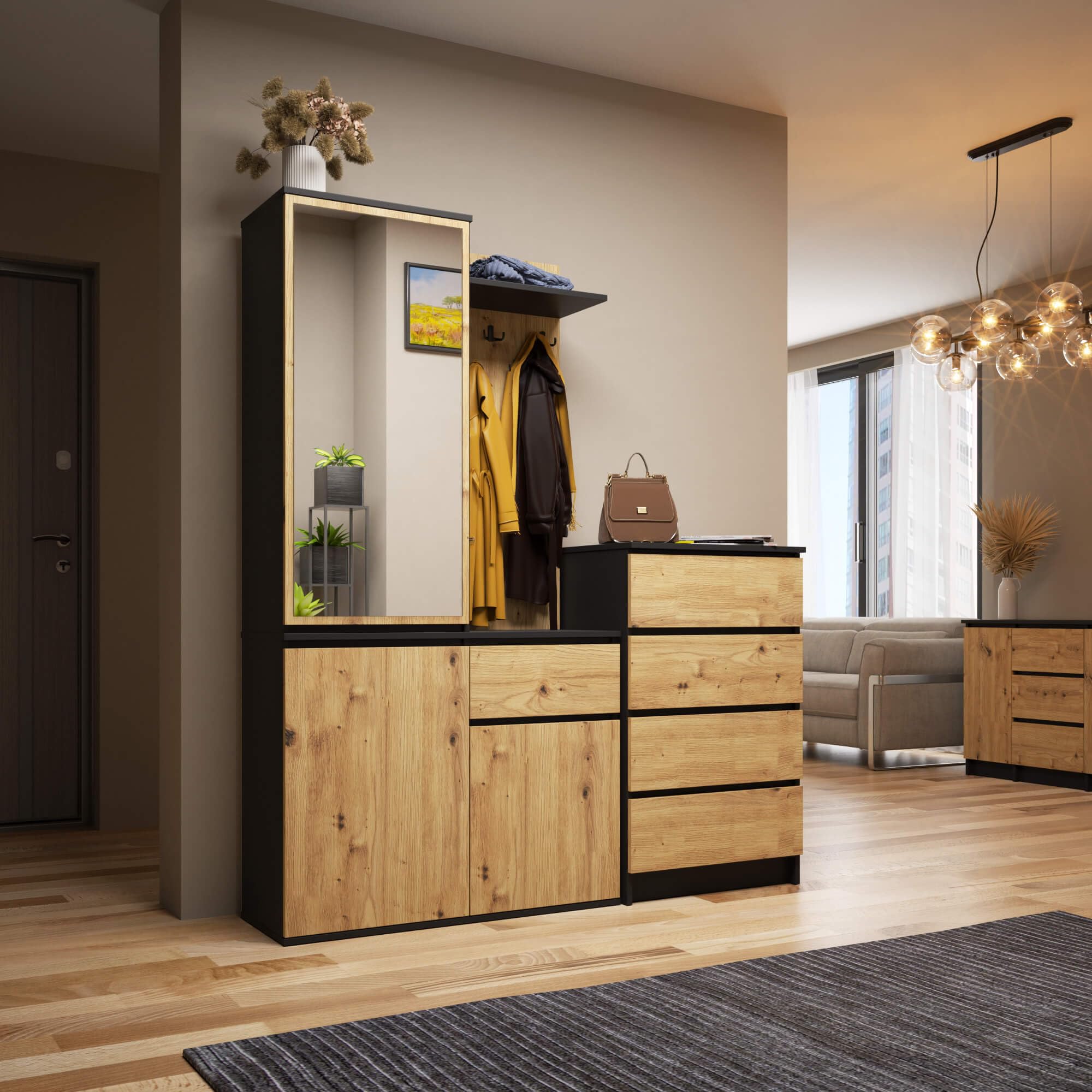 AKORD Ensemble de Vestiaire d'Entrée avec Miroir - 95 cm, 3 Portes, 1 Tiroir, 7 Étagères - Meuble d'Entrée - Optimum pour Petits Espaces - Couloir ou Entrée Étroit - Noir & Chêne-Artisanalal